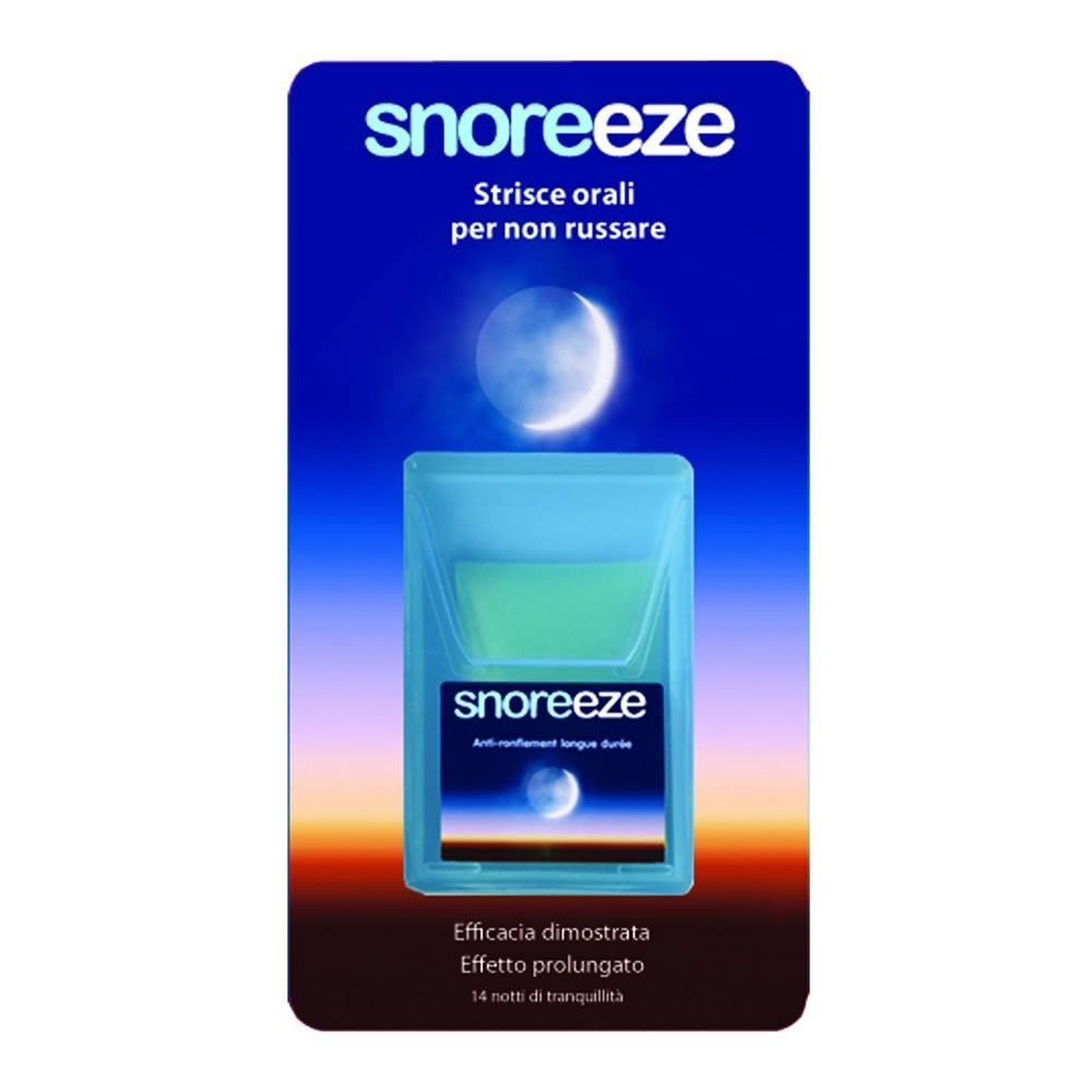 Confezione blister di strisce Snoreeze. Confezione blu con nome del prodotto e design lunare. Contiene 14 strisce.