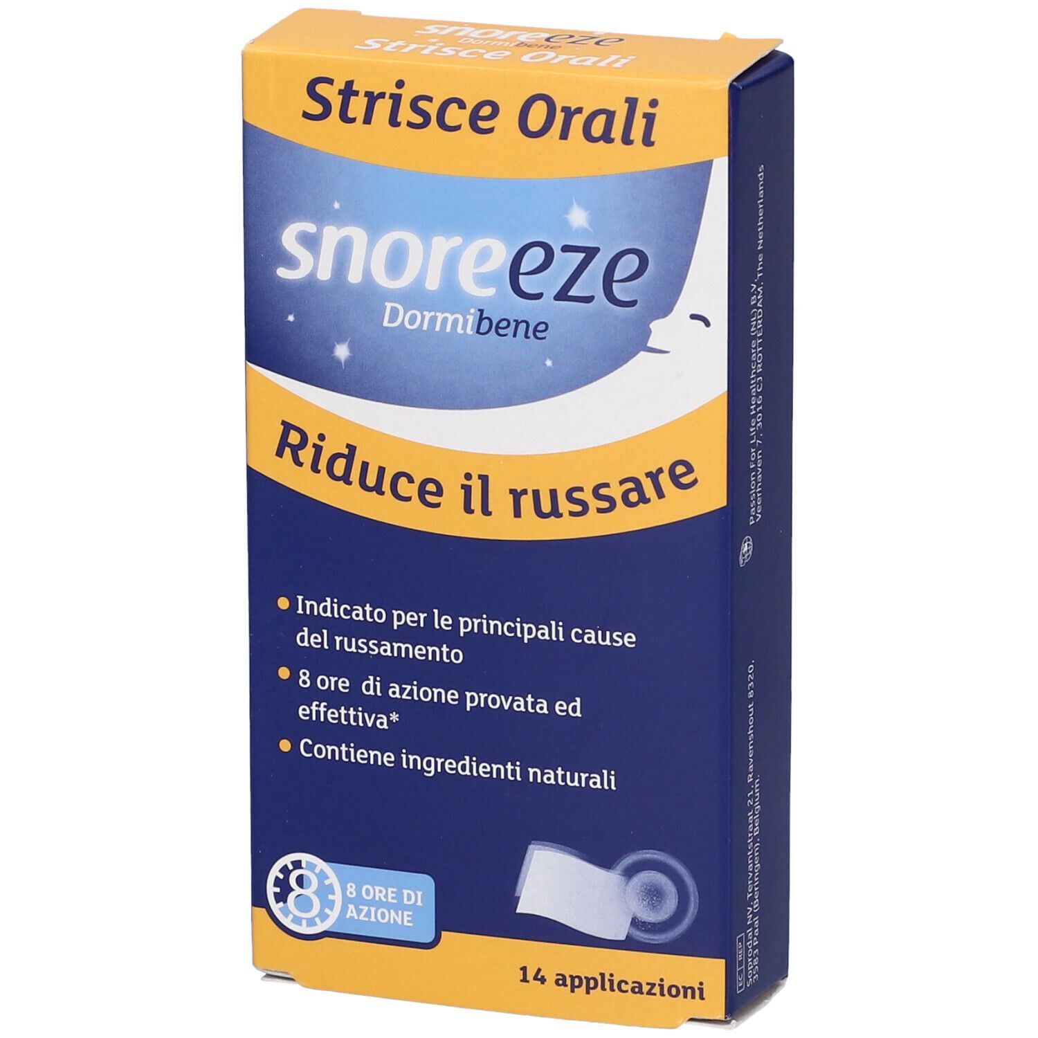 Scatola di strisce Snoreeze. Confezione blu con nome del prodotto e design lunare. Contiene 14 applicazioni.