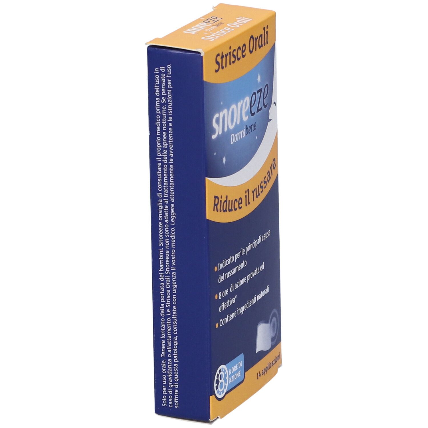 Vista laterale della scatola Snoreeze. Confezione blu con nome del prodotto e design lunare. Contiene 14 applicazioni.