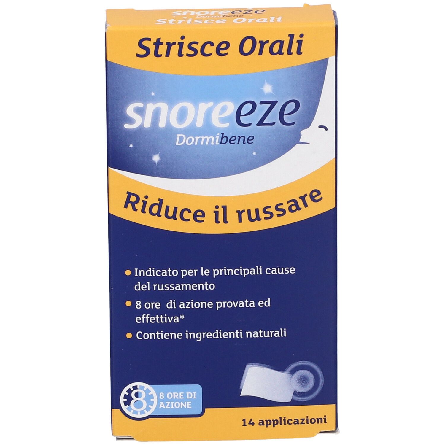 Scatola di strisce Snoreeze. Confezione blu con nome del prodotto e design lunare. Contiene 14 applicazioni.