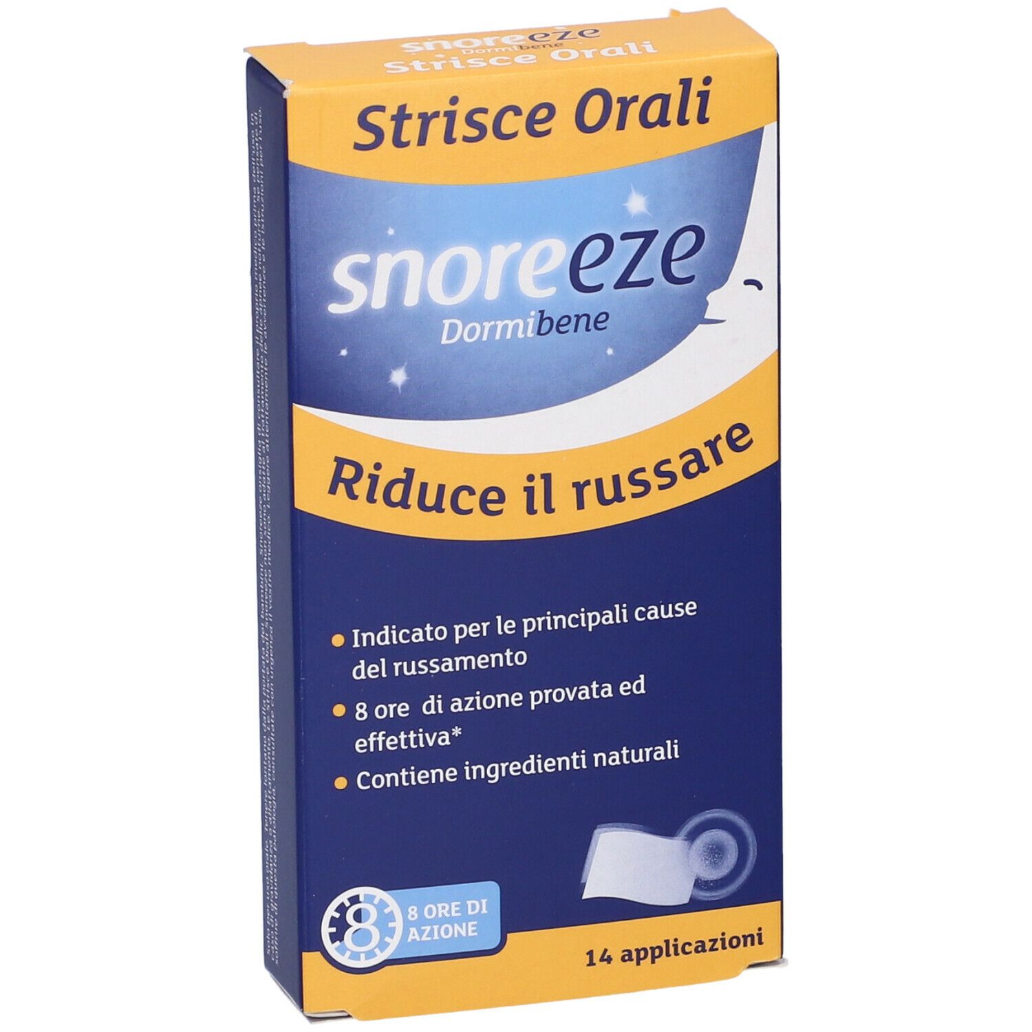 Scatola di strisce Snoreeze. Confezione blu con nome del prodotto e design lunare. Contiene 14 applicazioni.