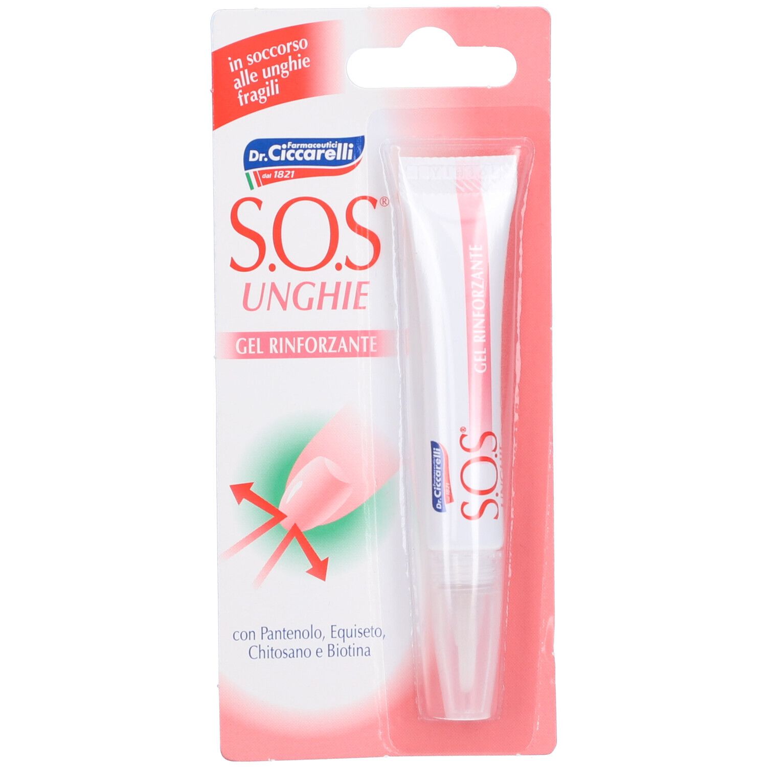 Verpackung von SOS Unghie Rinforzante. Tube mit Produkt, weiß und rosa. Text: SOS Unghie, Gel Rinforzante, Dr. Ciccarelli.