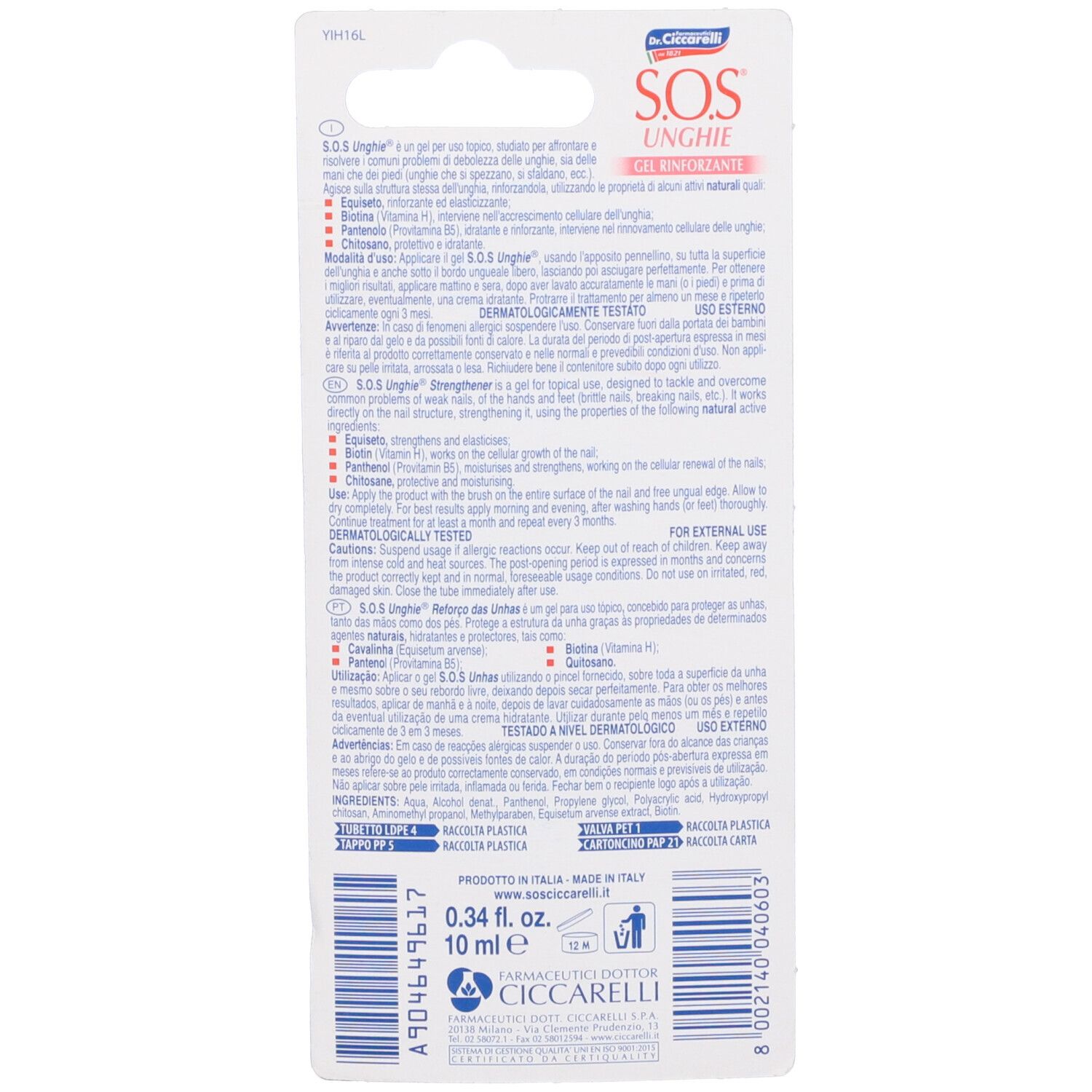 Rückseite der Verpackung von SOS Unghie Rinforzante. Text und Informationen zum Produkt. Logo: Dr. Ciccarelli. Volumen: 10 ml.
