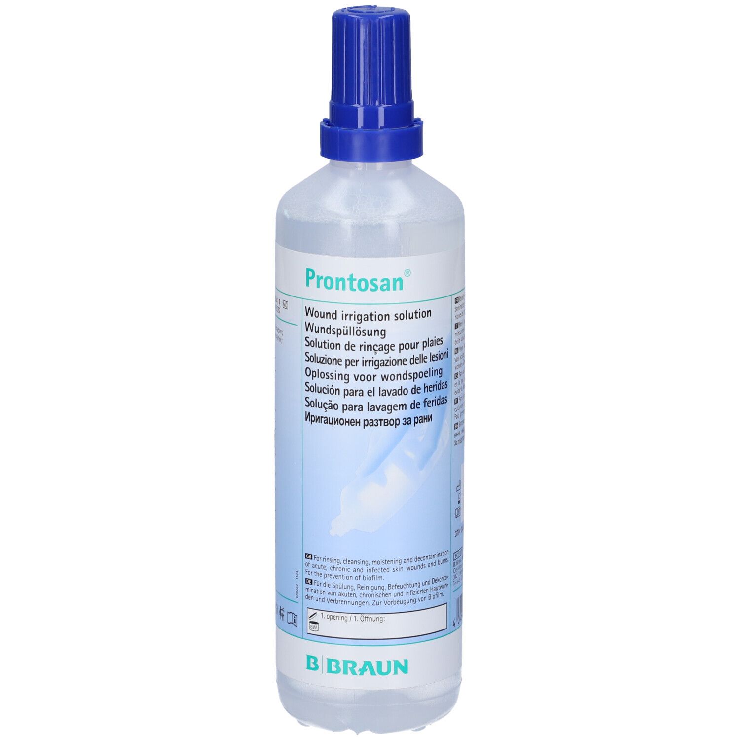 Flacone trasparente con tappo blu. Scritta: Prontosan, soluzione per irrigazione delle lesioni. Marchio B. Braun.