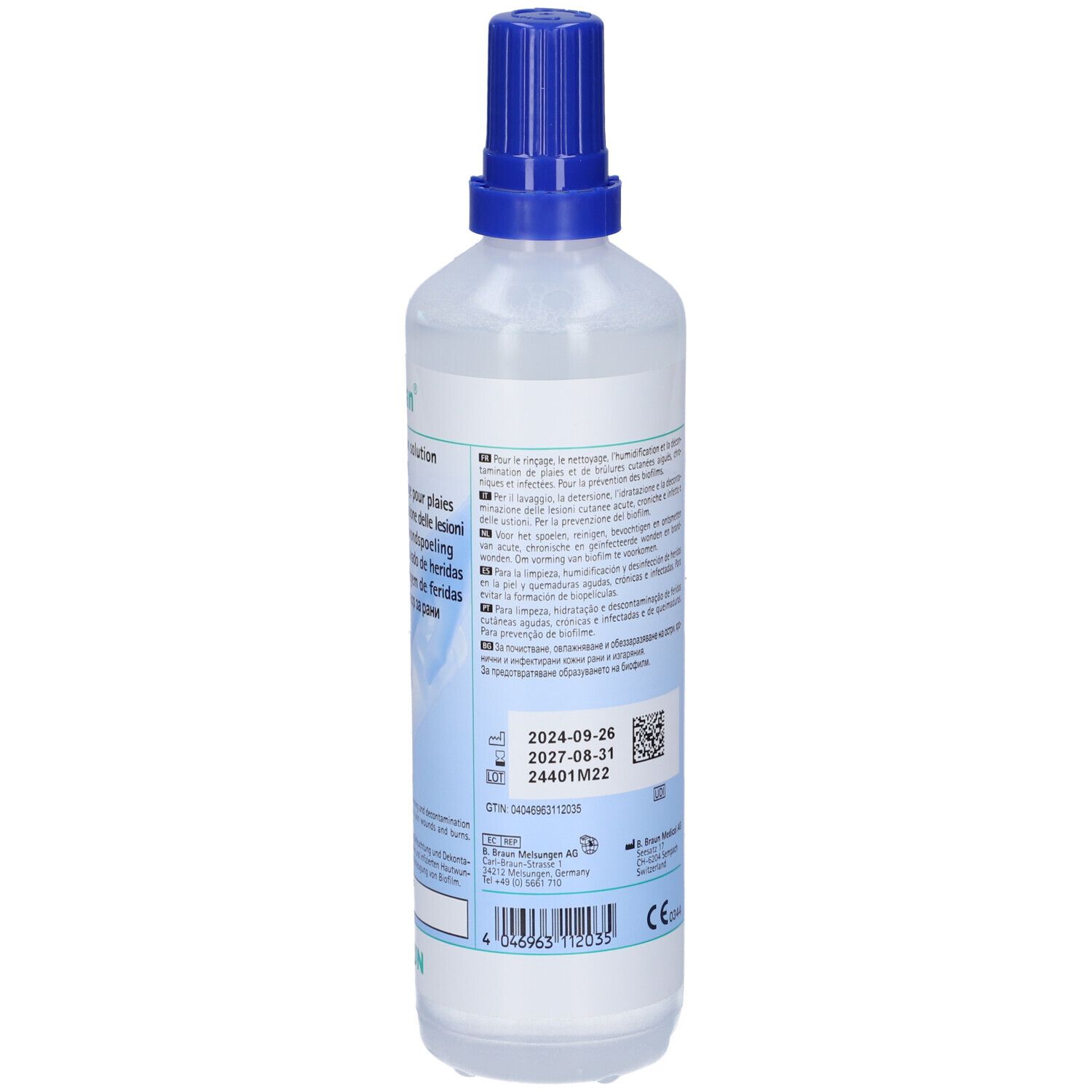 Retro di un flacone trasparente con tappo blu. Testo, volume 350 ml. Marchio B. Braun.