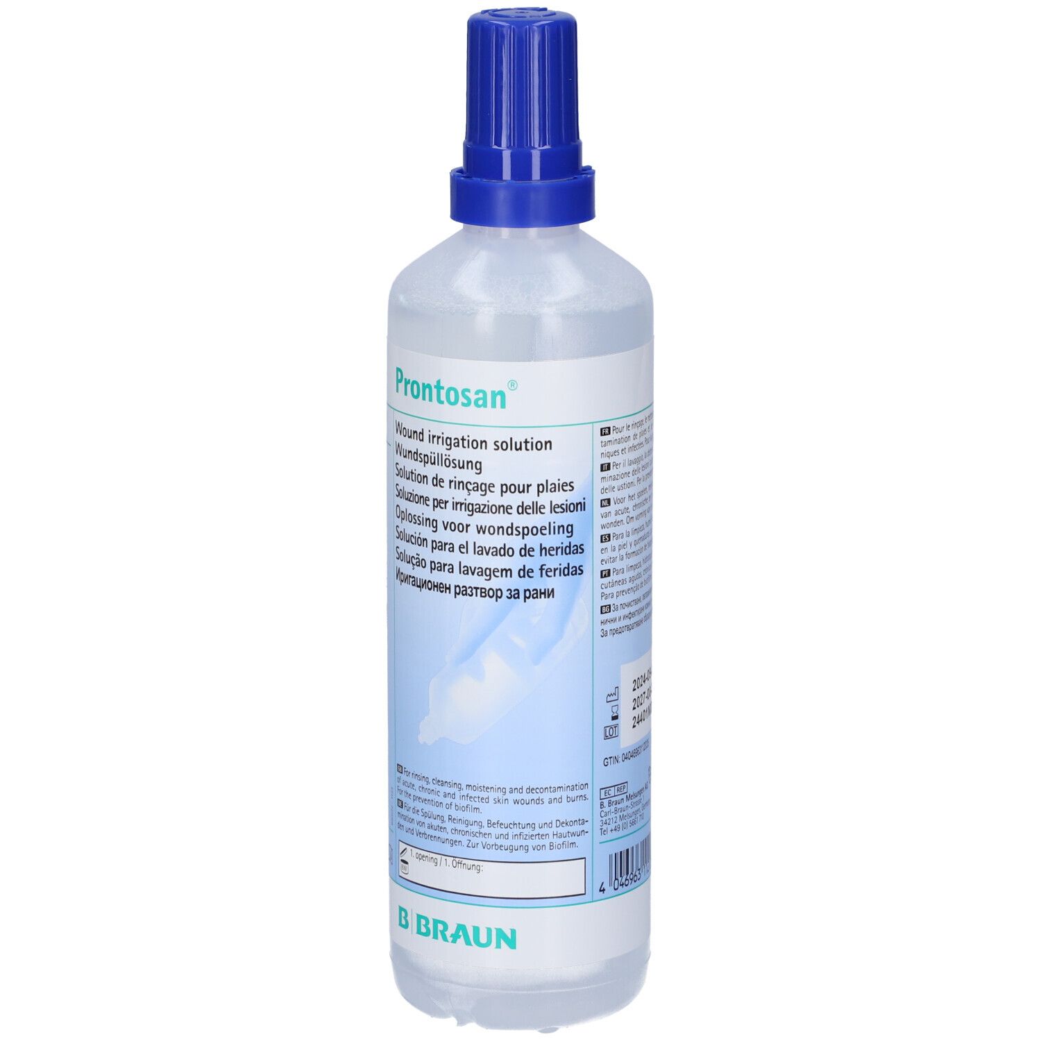 Flacone trasparente con tappo blu. Scritta: Prontosan, soluzione per irrigazione delle lesioni. Marchio B. Braun.