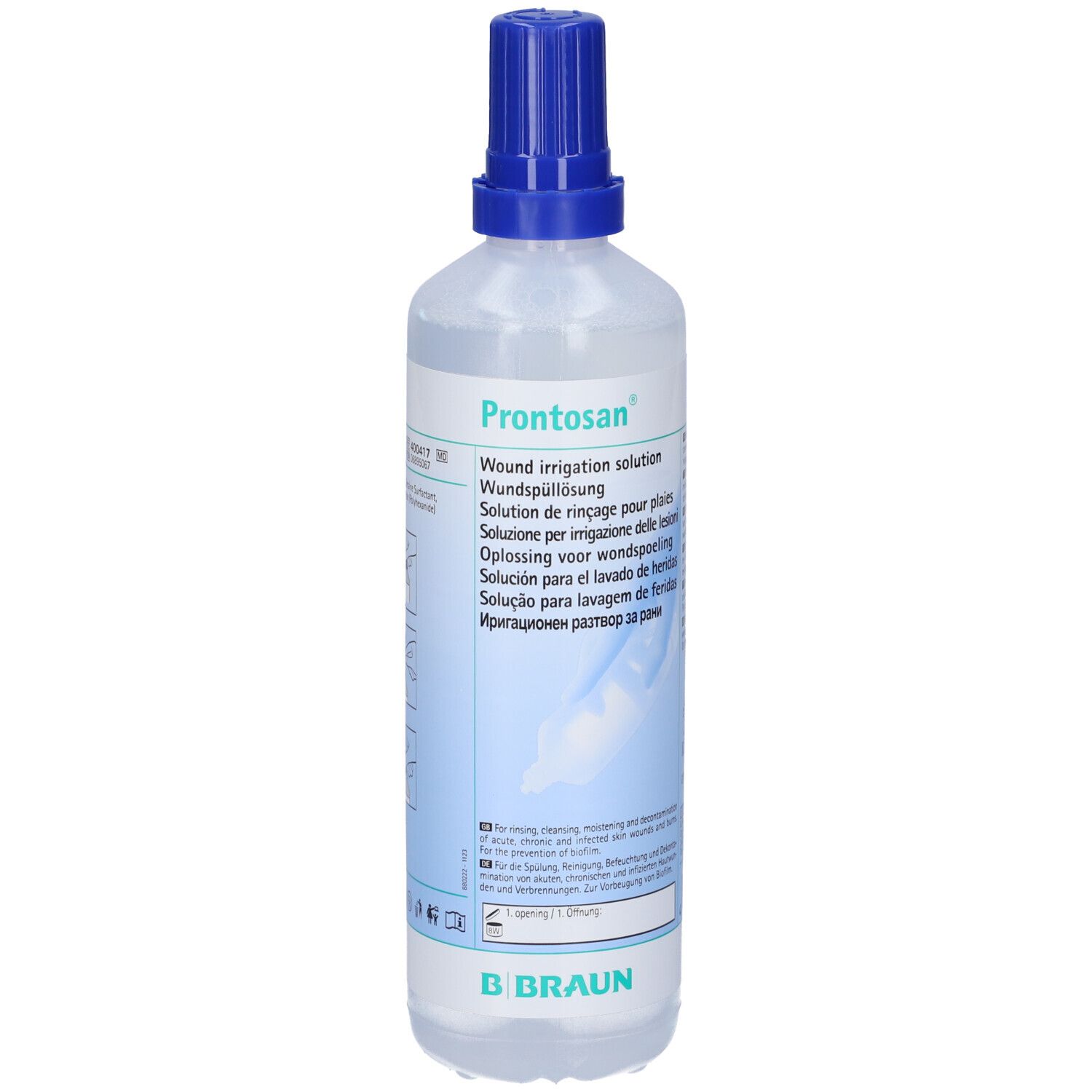 Flacone trasparente con tappo blu. Scritta: Prontosan, soluzione per irrigazione delle lesioni. Marchio B. Braun.