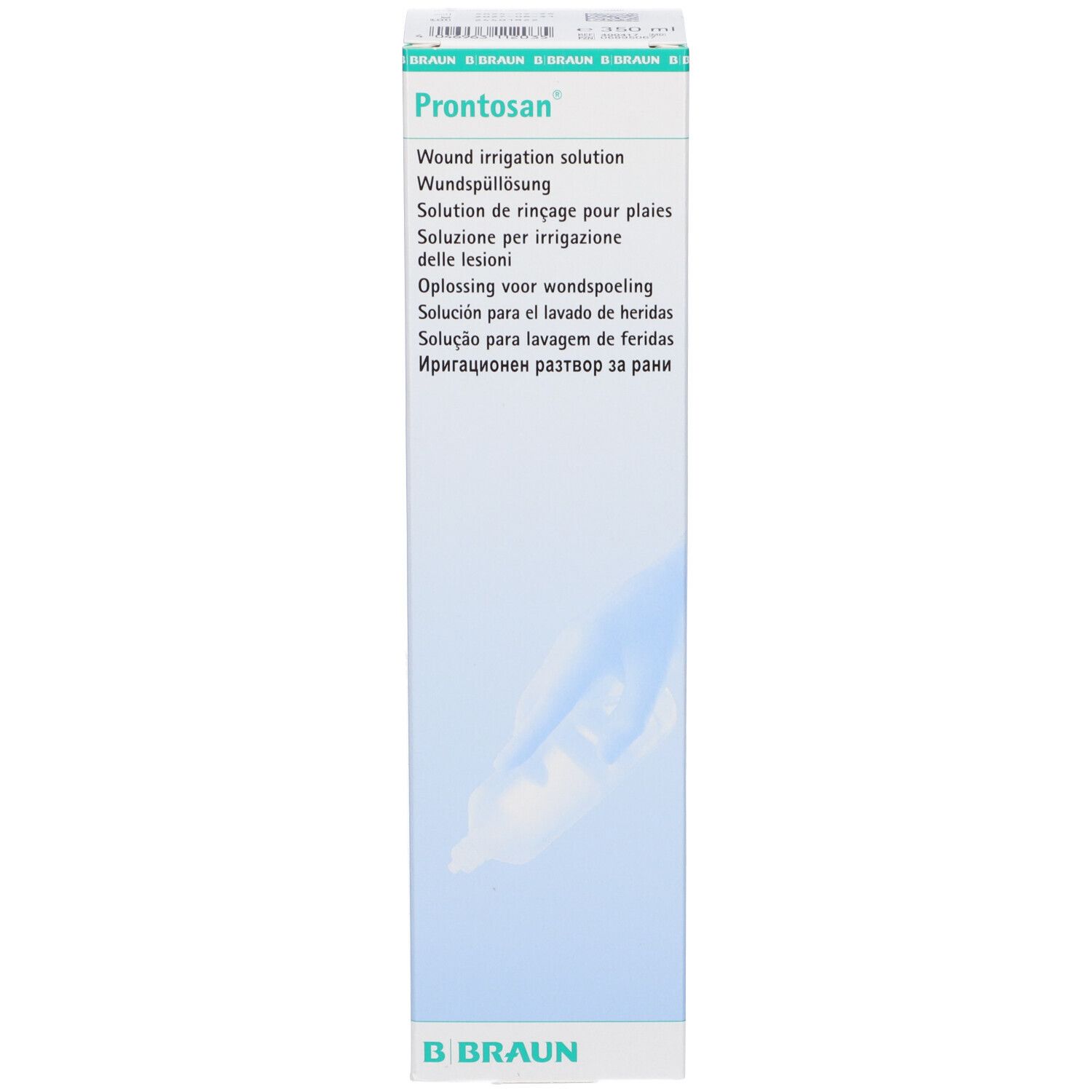 Confezione del prodotto. Scritta: Prontosan, soluzione per irrigazione delle lesioni. Marchio B. Braun.