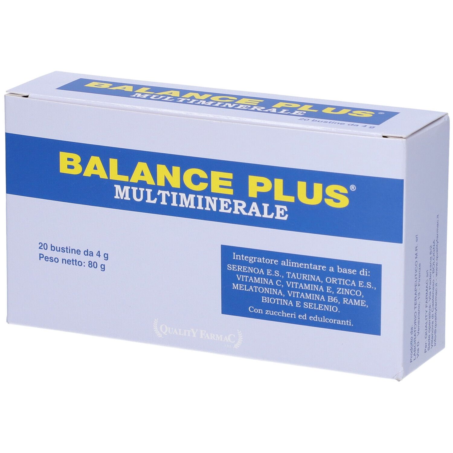 Scatola bianca "BALANCE PLUS MULTIMINERALE" in giallo e blu. Contiene 20 bustine.