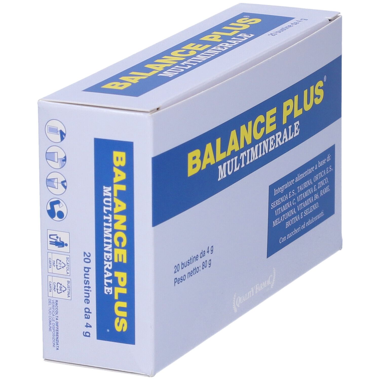 Scatola "BALANCE PLUS MULTIMINERALE" in prospettiva. Testo giallo e blu. 20 bustine.