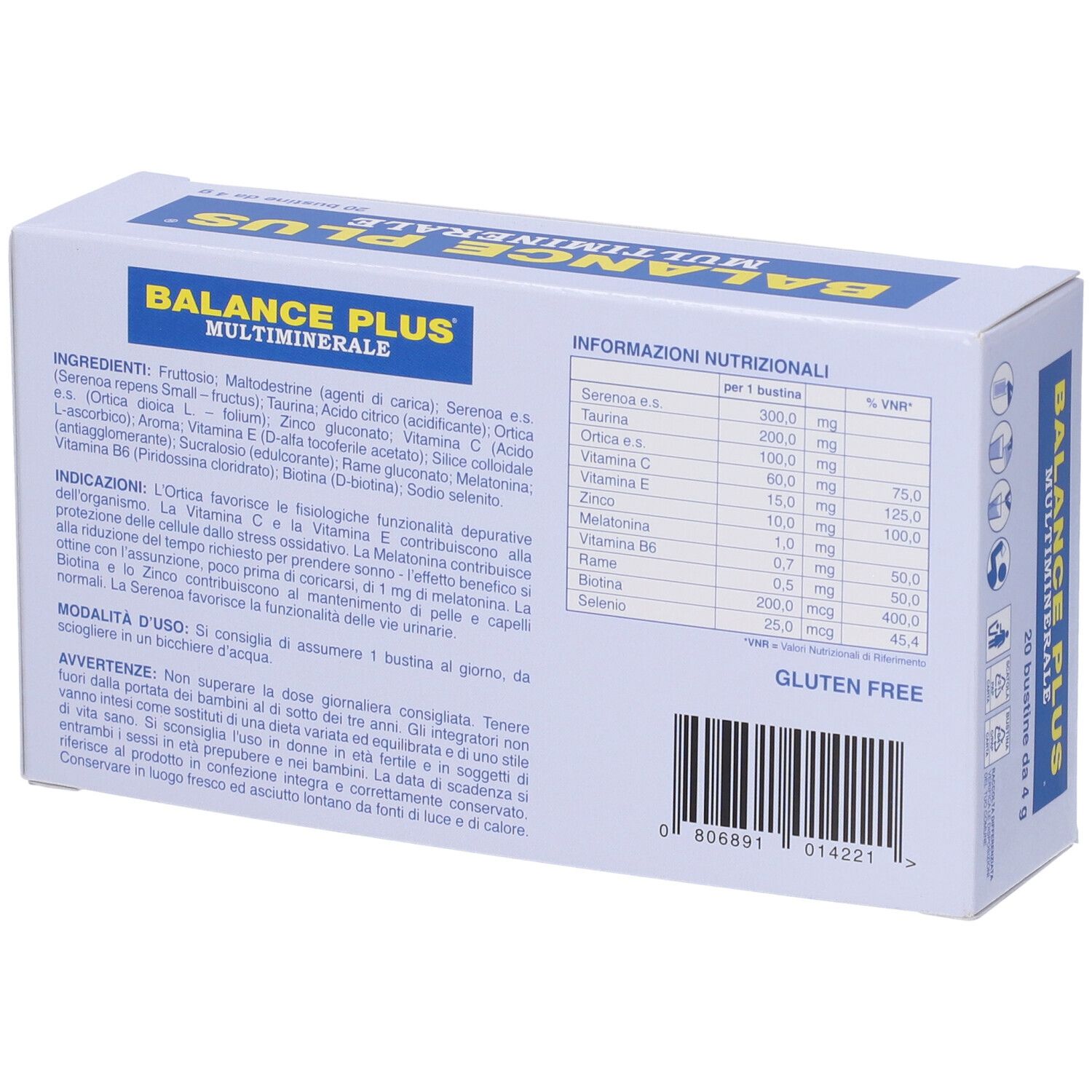 Retro della scatola "BALANCE PLUS MULTIMINERALE". Contiene ingredienti e informazioni nutrizionali.