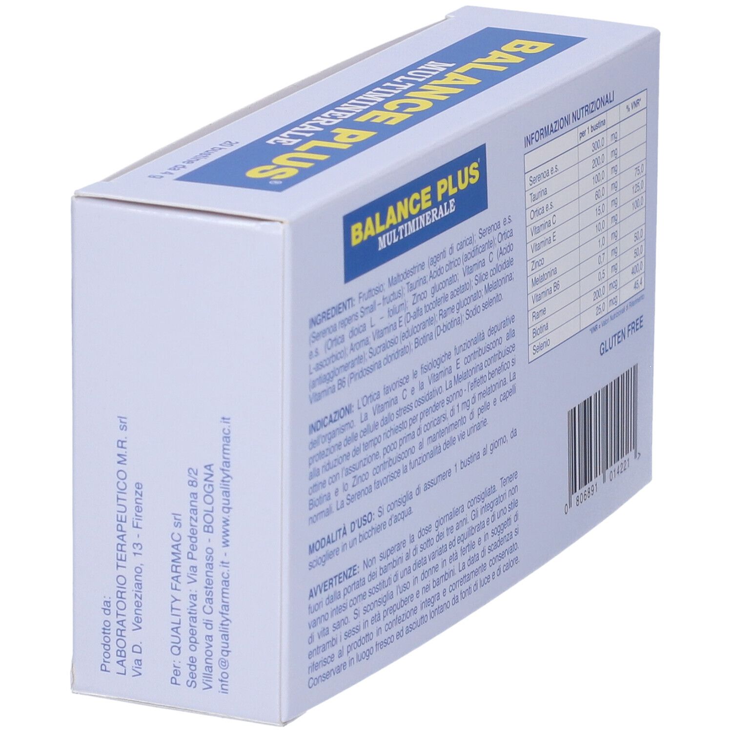 Scatola "BALANCE PLUS MULTIMINERALE" in prospettiva. Retro con testo e informazioni nutrizionali.