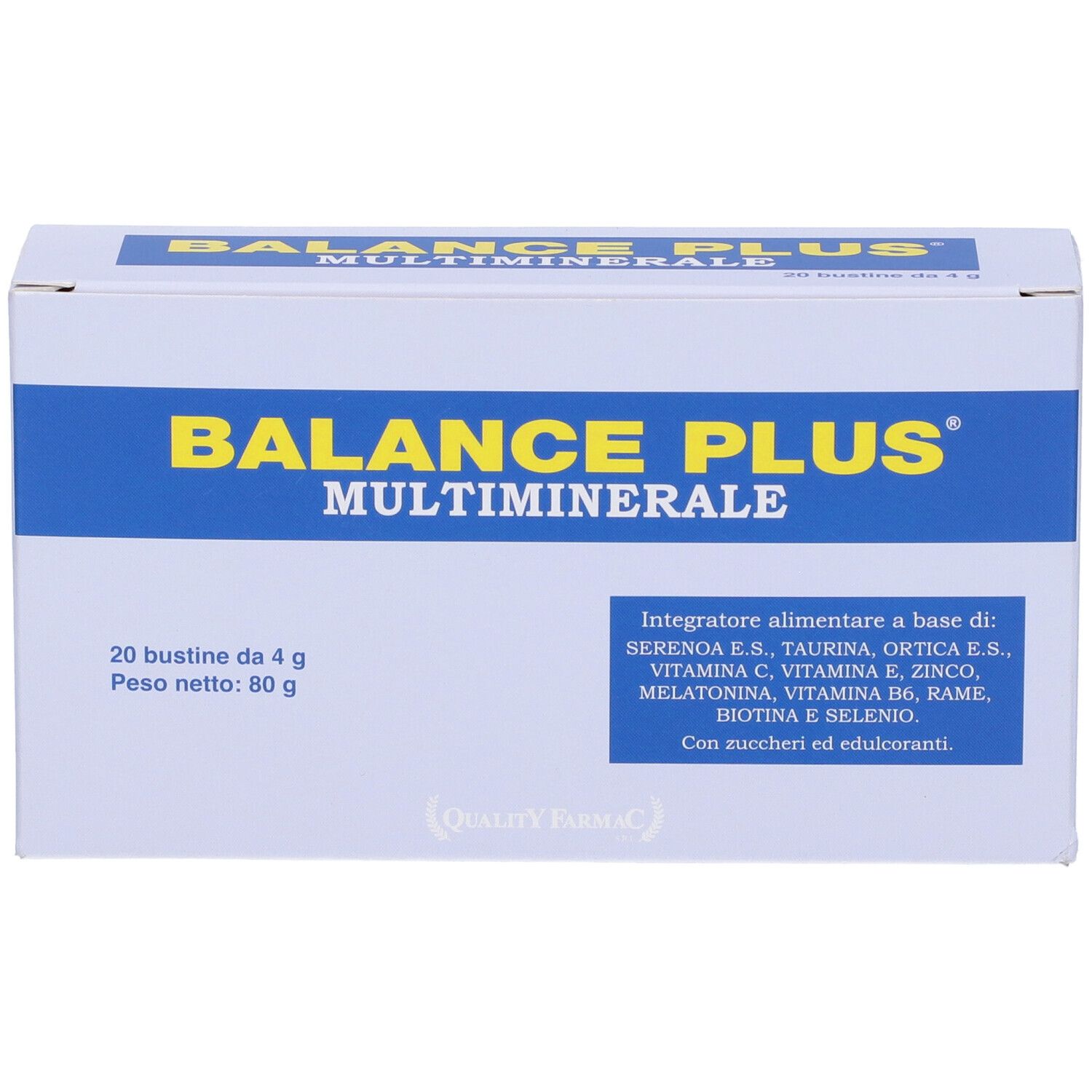 Scatola bianca "BALANCE PLUS MULTIMINERALE". Contiene 20 bustine. Testo giallo e blu.