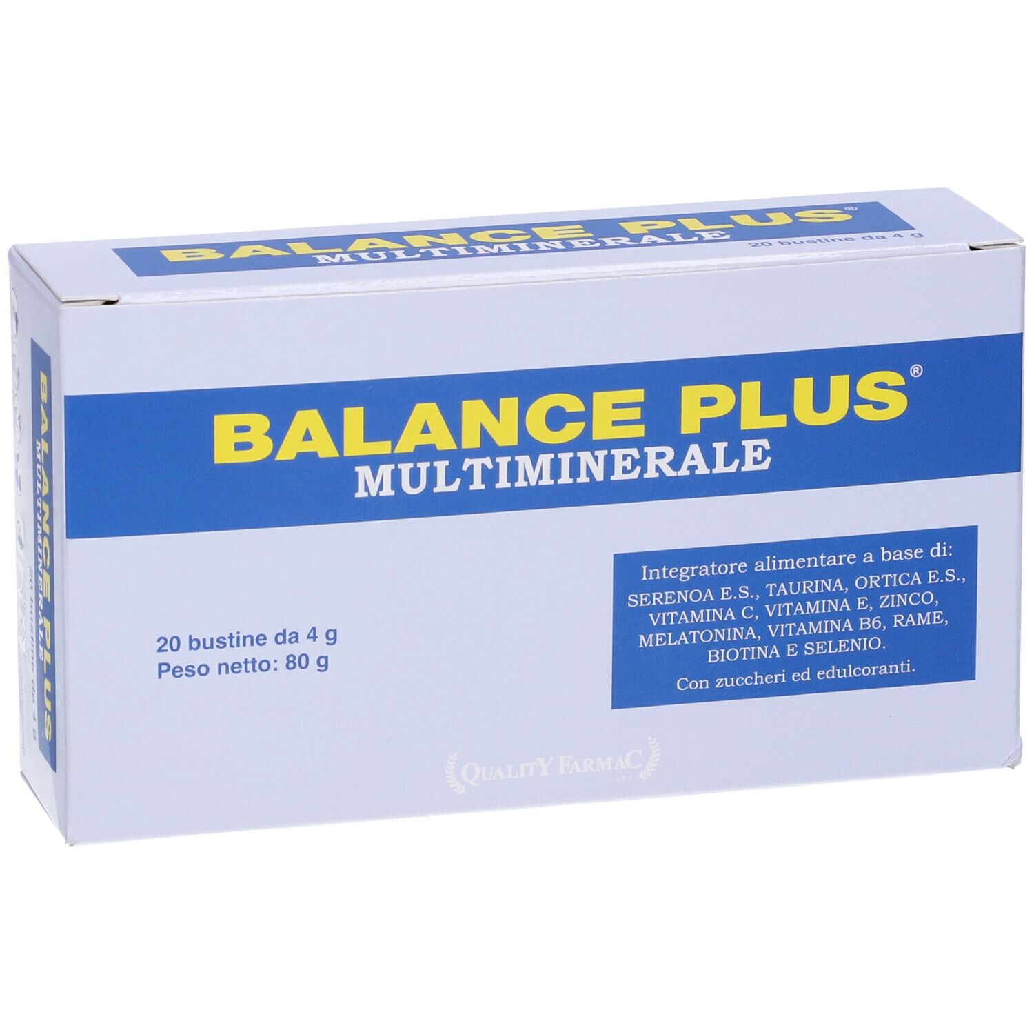 Scatola bianca "BALANCE PLUS MULTIMINERALE". Contiene 20 bustine. Testo giallo e blu.