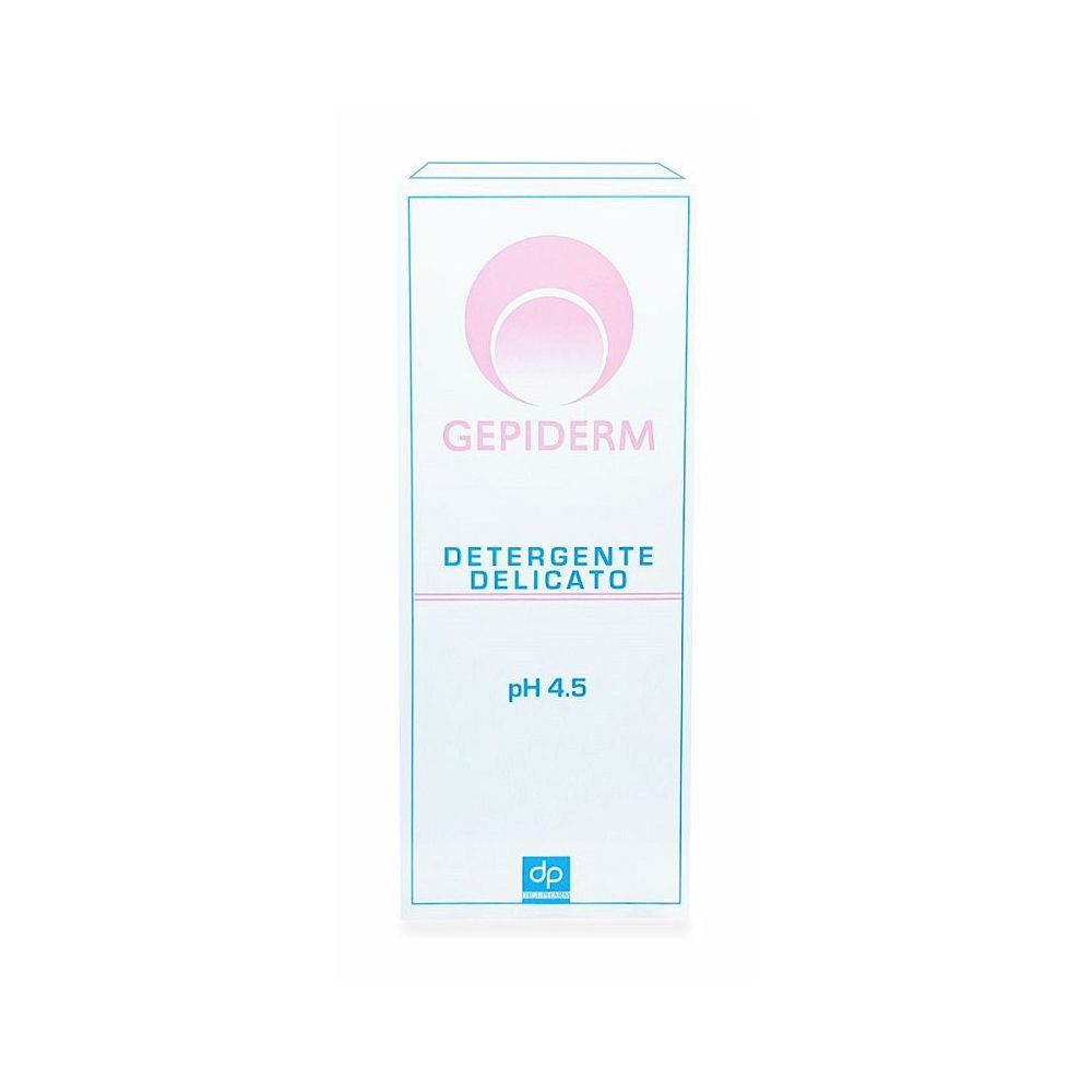 Confezione di Gepiderm Detergente Delicato. Scatola bianca con logo e scritta rosa. Testo: Detergente Delicato, pH 4.5.