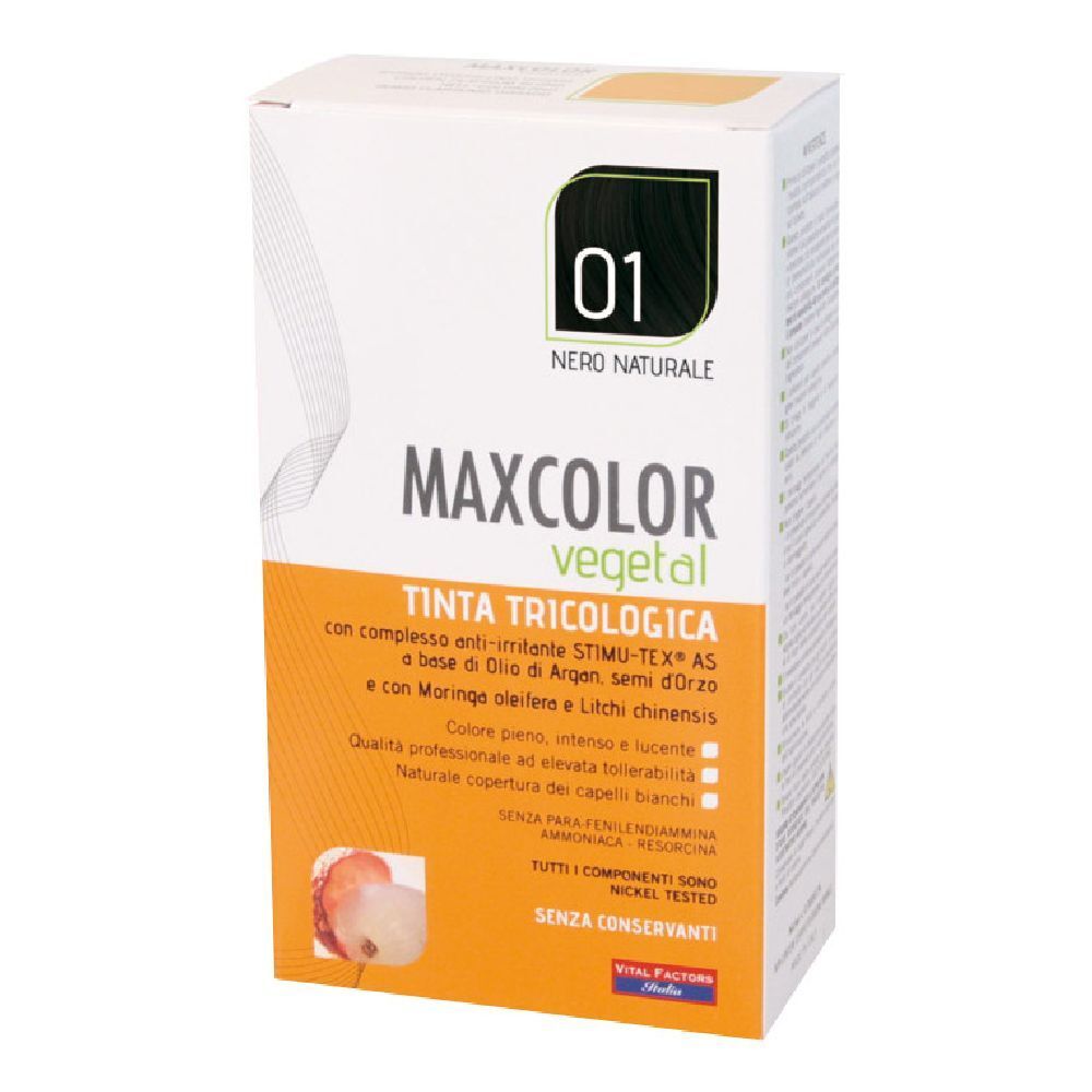 Confezione Max Color Vegetal 01. Scritta nera su sfondo bianco. Nome del prodotto e dettagli.