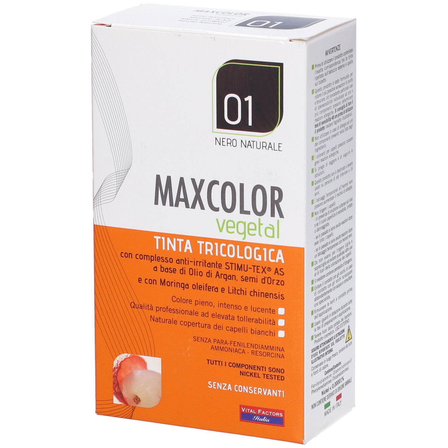 Confezione Max Color Vegetal 01. Vista laterale con ingredienti e informazioni sul prodotto.