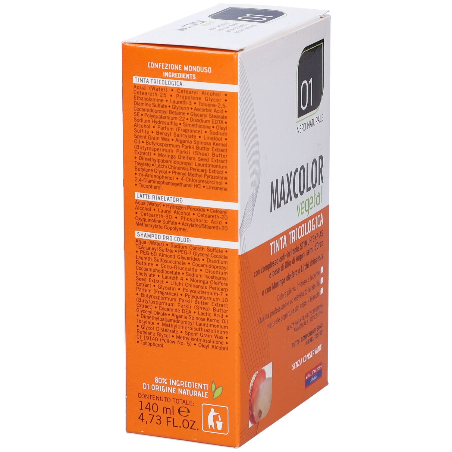 Confezione Max Color Vegetal 01. Vista laterale con ingredienti e informazioni sul prodotto.