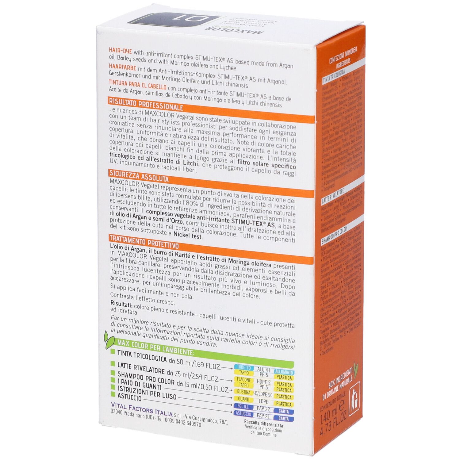 Confezione Max Color Vegetal 01. Vista laterale con ingredienti e informazioni sul prodotto.