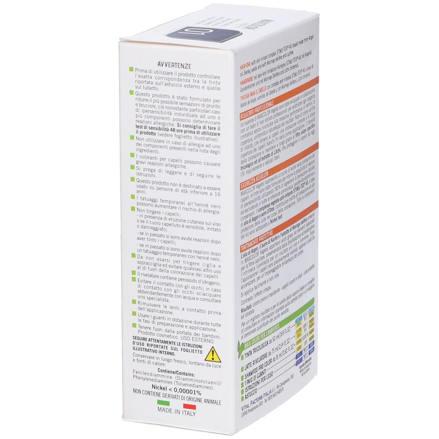 Confezione Max Color Vegetal 01. Vista laterale con ingredienti e informazioni sul prodotto.