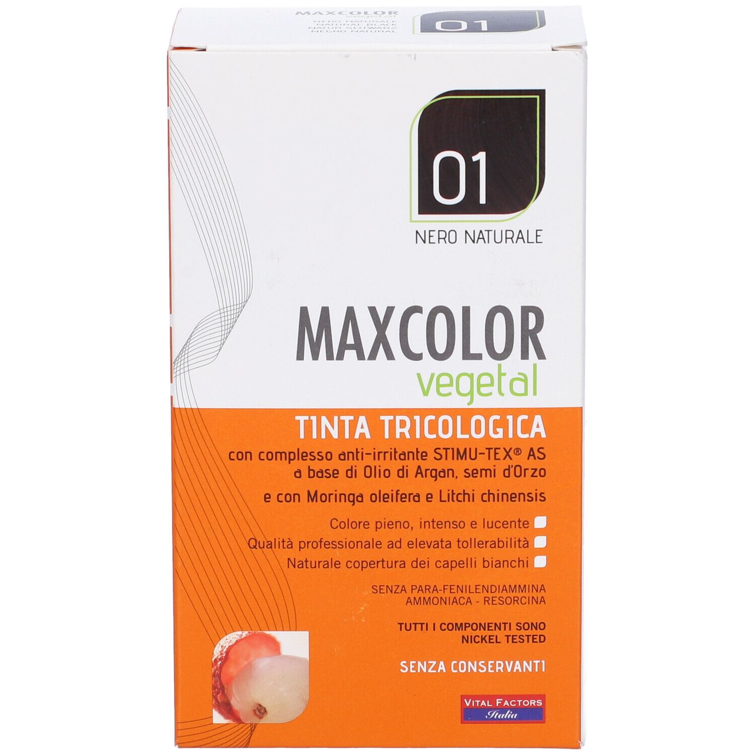 Confezione Max Color Vegetal 01. Scritta nera su sfondo bianco. Nome del prodotto e dettagli.