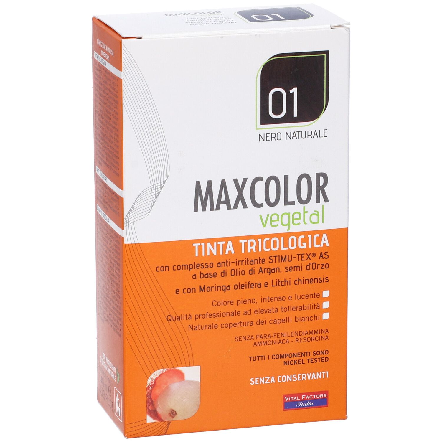 Confezione Max Color Vegetal 01. Scritta nera su sfondo bianco. Nome del prodotto e dettagli.