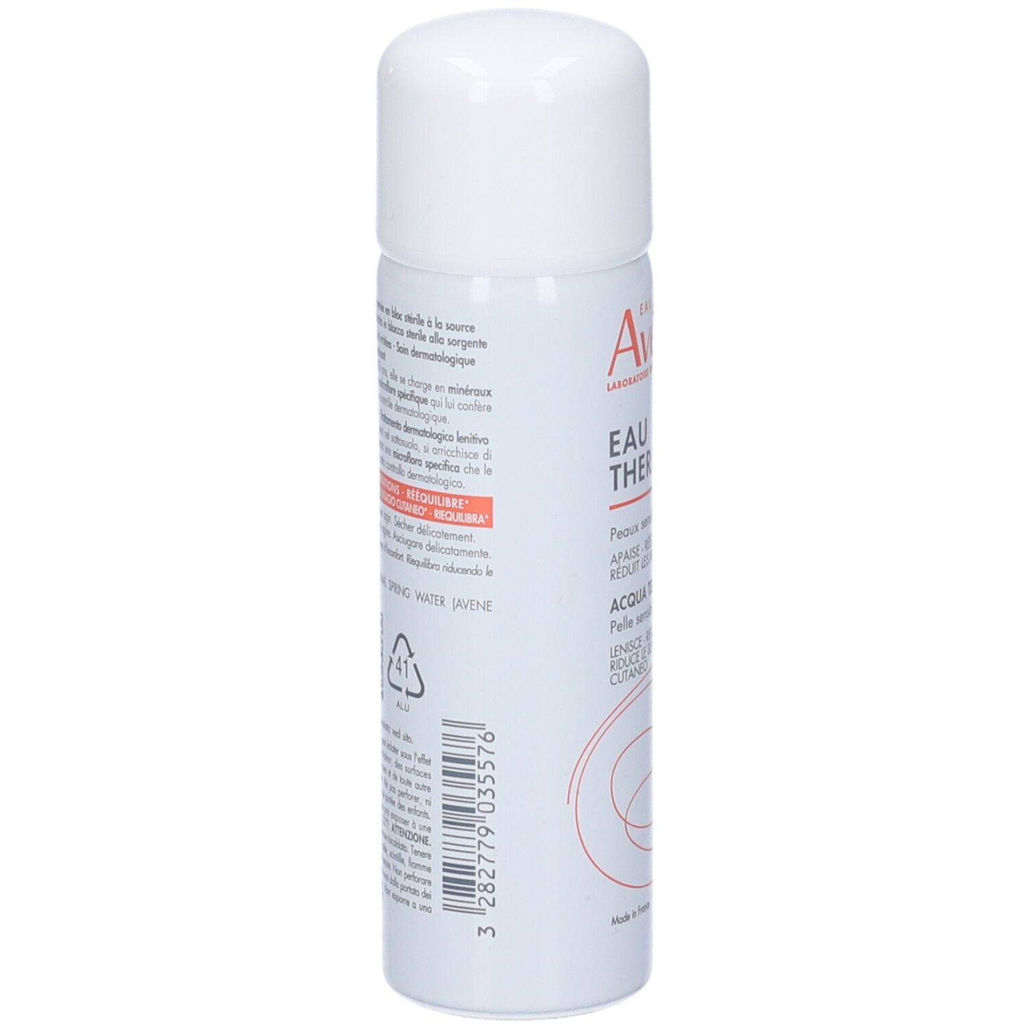 Spray bianco Avène. Retro con testo e simboli. Made in France.