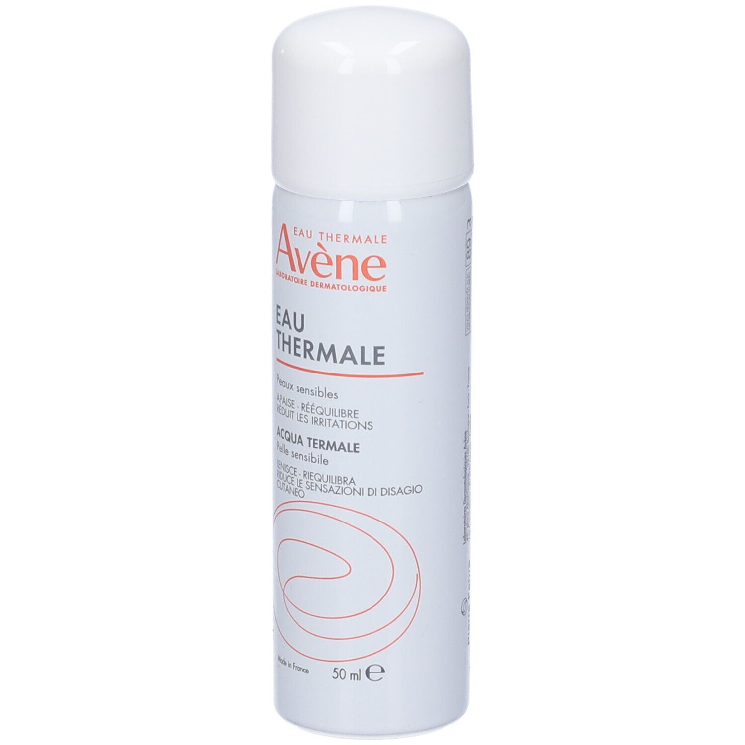 Spray bianco Avène. Scritta: Eau Thermale, Acqua Termale, 50 ml. Per pelli sensibili.