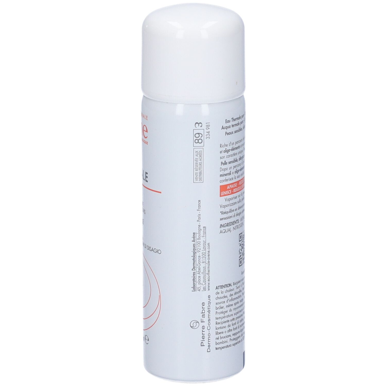 Spray bianco Avène. Retro con testo e informazioni. 50 ml.