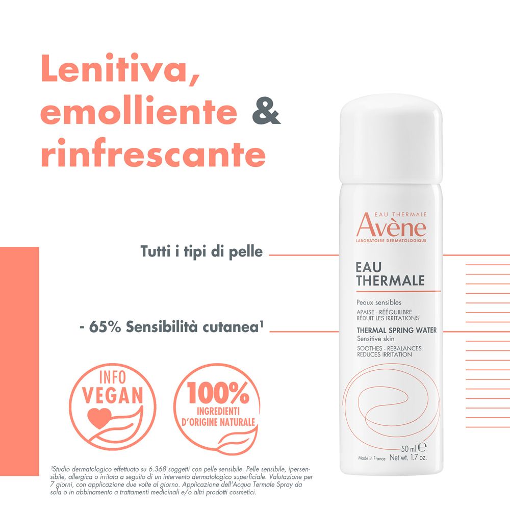 Spray Avène con testo. Logo vegano e ingredienti naturali al 100%. Per tutti i tipi di pelle.