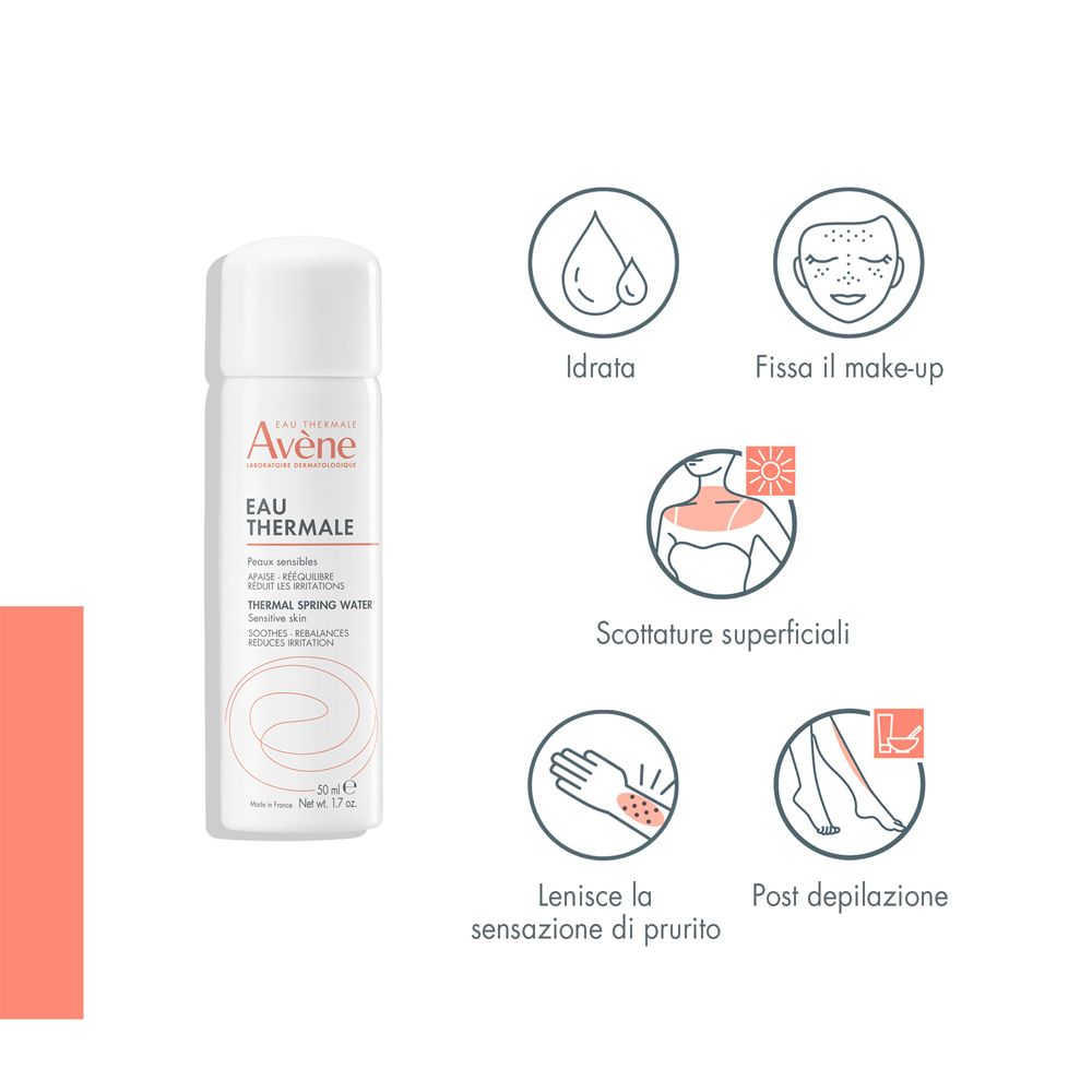 Spray Avène. Icone: idrata, fissa il make-up, scottature, lenisce prurito, post depilazione.