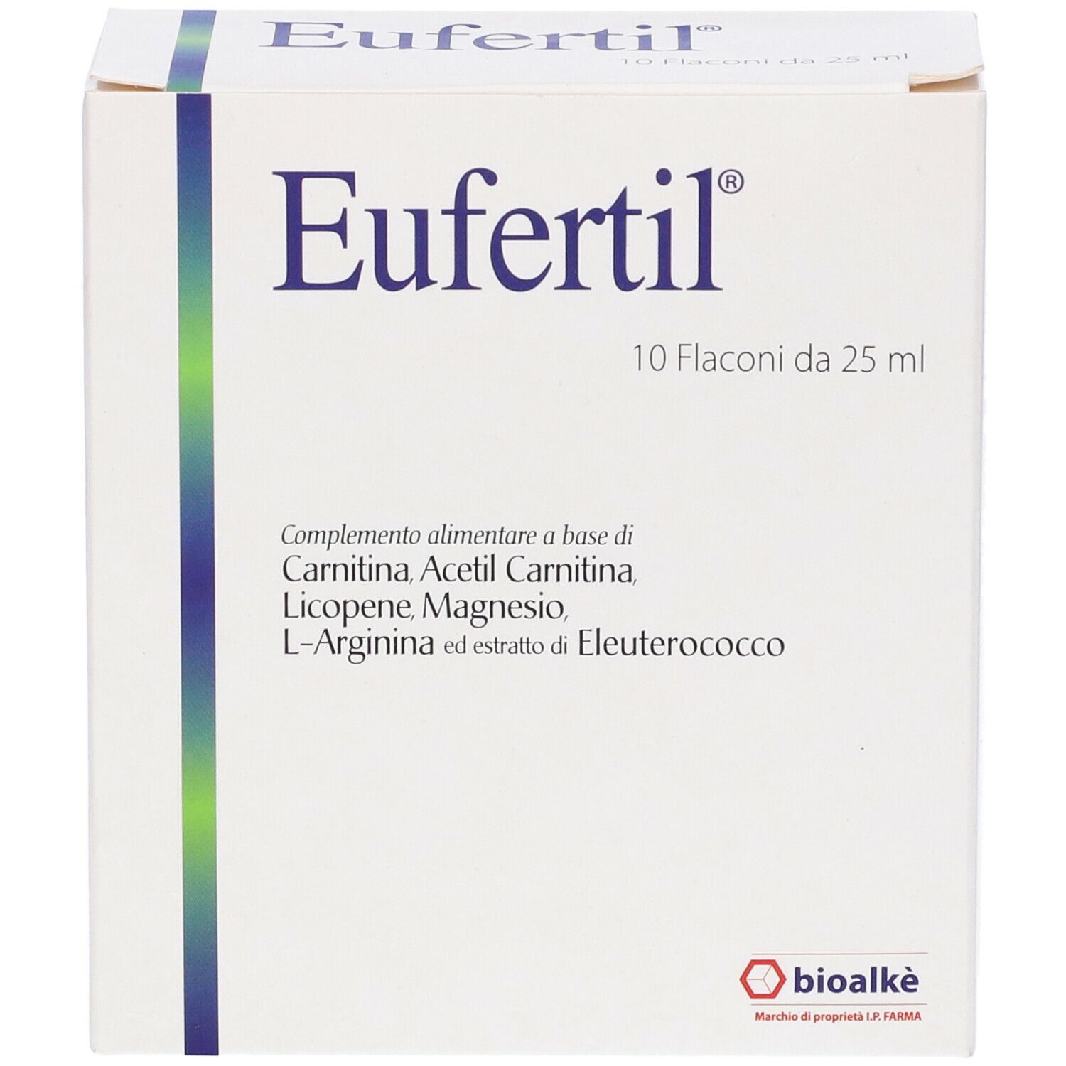 Scatola bianca con banda blu. Scritta: Eufertil, 10 flaconi. Ingredienti in italiano.