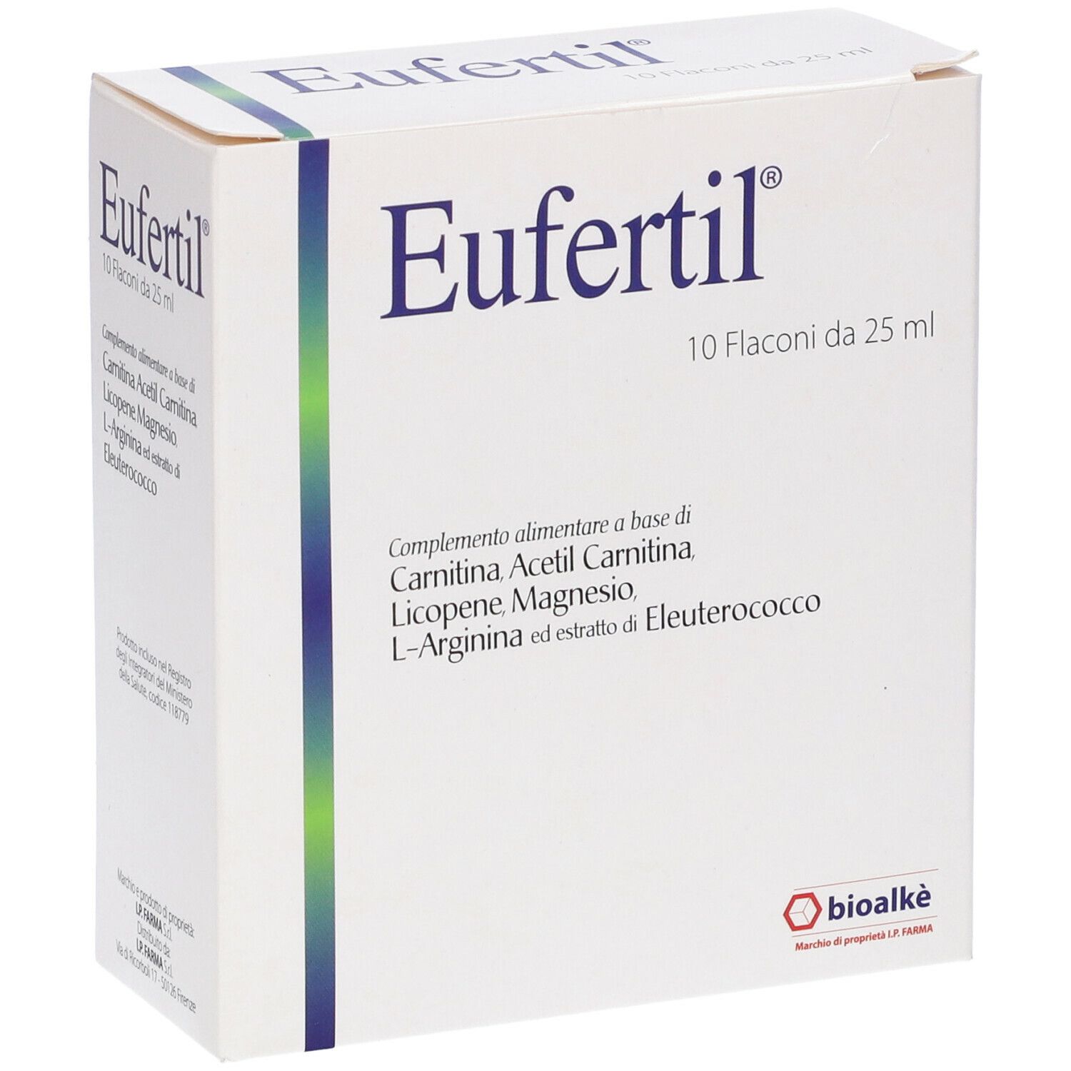 Scatola bianca con logo Eufertil e ingredienti. Forma quadrata, accenti blu.