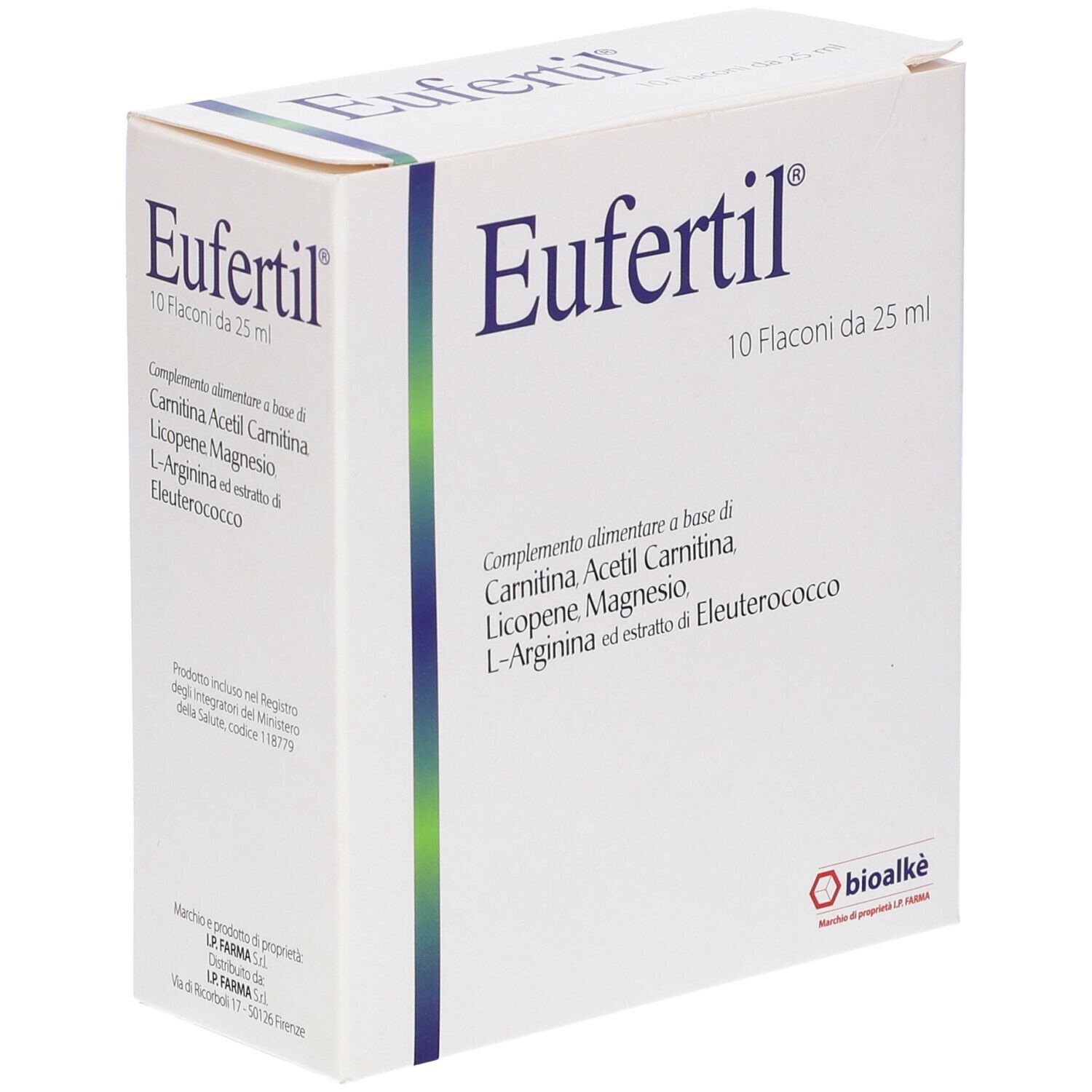 Scatola bianca con logo Eufertil e ingredienti. Forma quadrata, accenti blu.