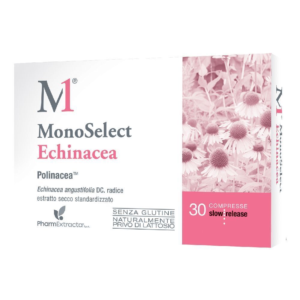 Scatola bianca con nome del prodotto e 30 compresse. Accento rosa con motivo floreale. Senza glutine, senza lattosio.