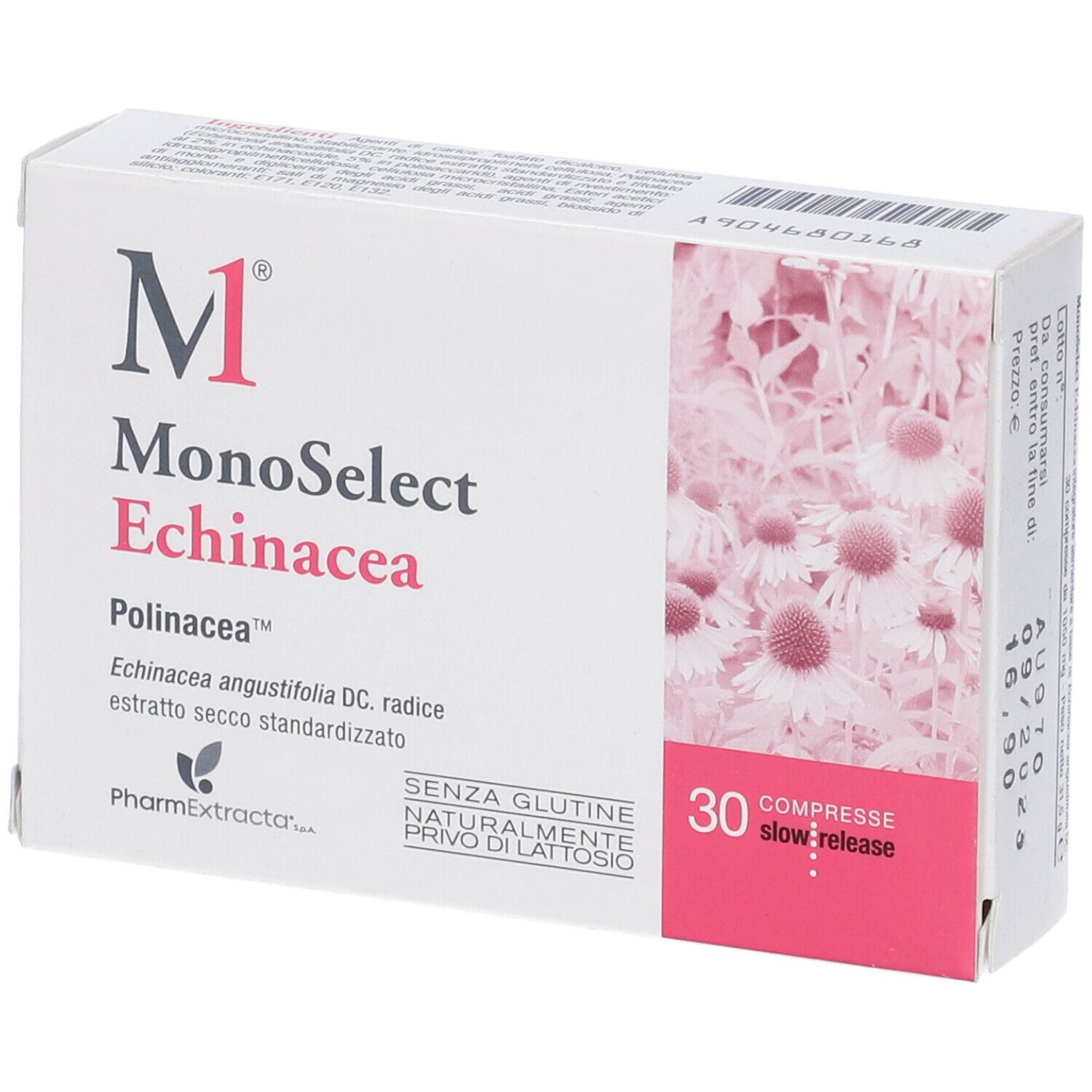 Scatola bianca con nome del prodotto e 30 compresse. Accento rosa con motivo floreale. Senza glutine, senza lattosio.