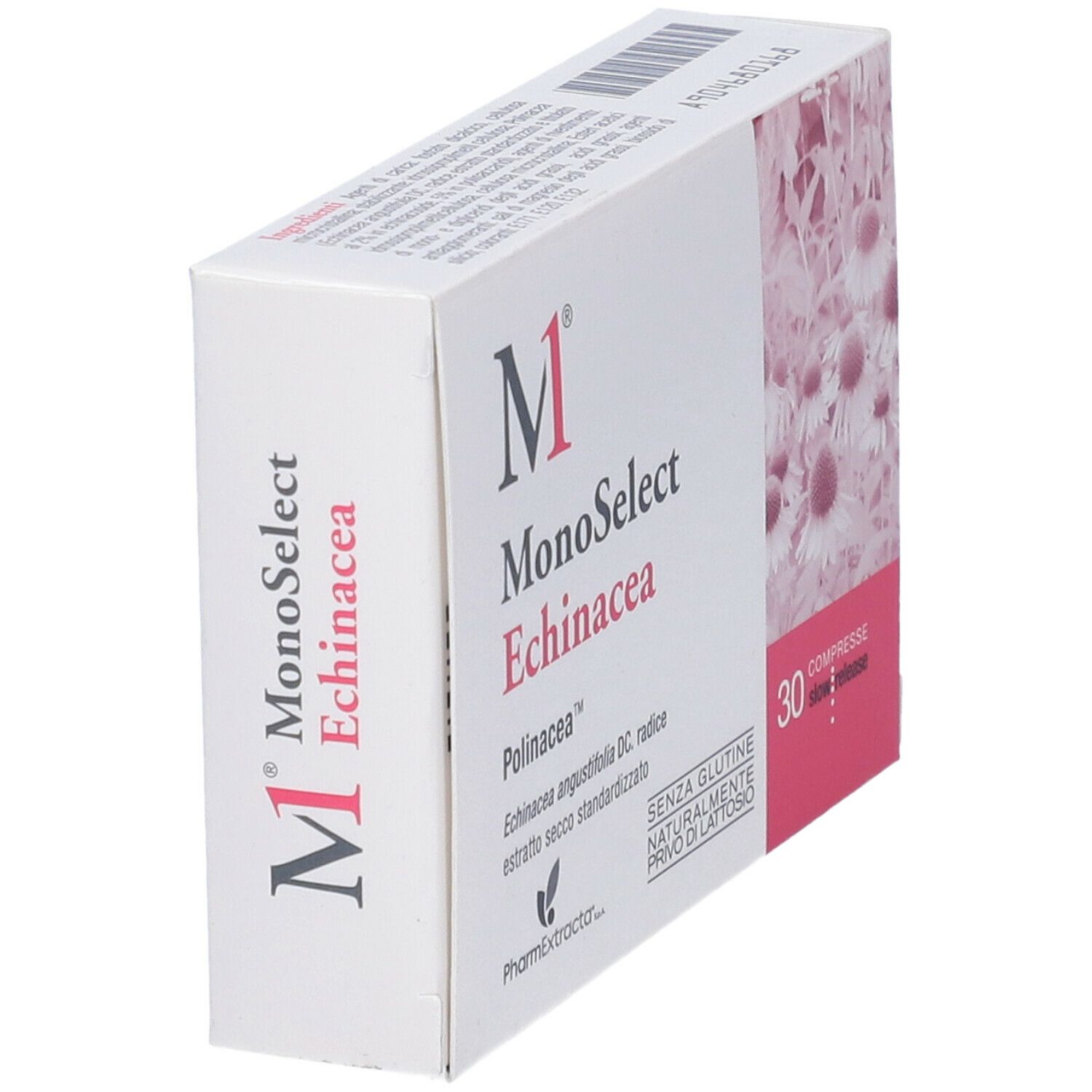 Scatola con nome del prodotto e 30 compresse. Accento rosa con motivo floreale. Senza glutine, senza lattosio. Vista laterale.