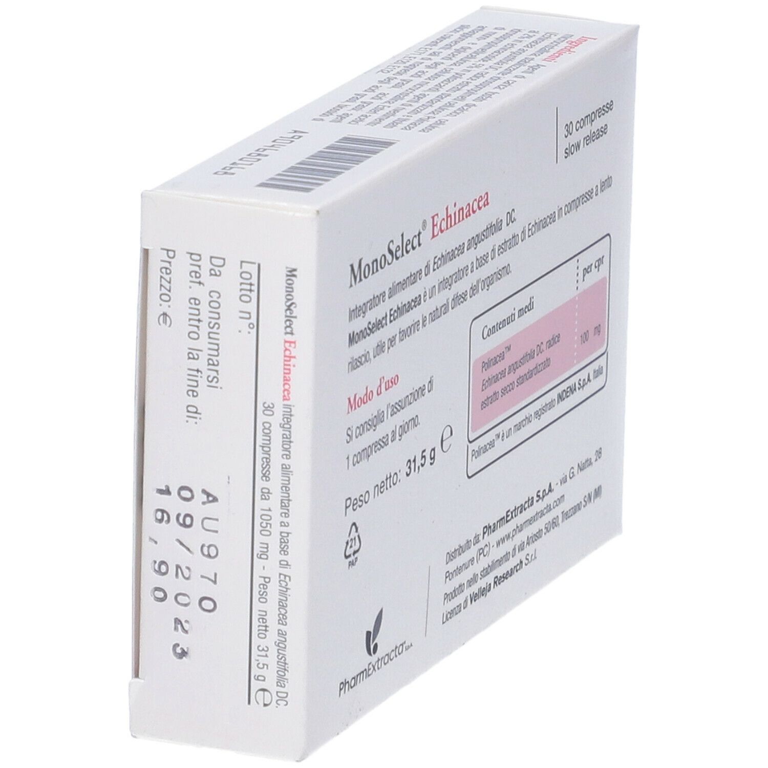 Scatola con informazioni sul prodotto. Contiene 30 compresse. Peso 31,5 g. Senza glutine, senza lattosio. Vista laterale.