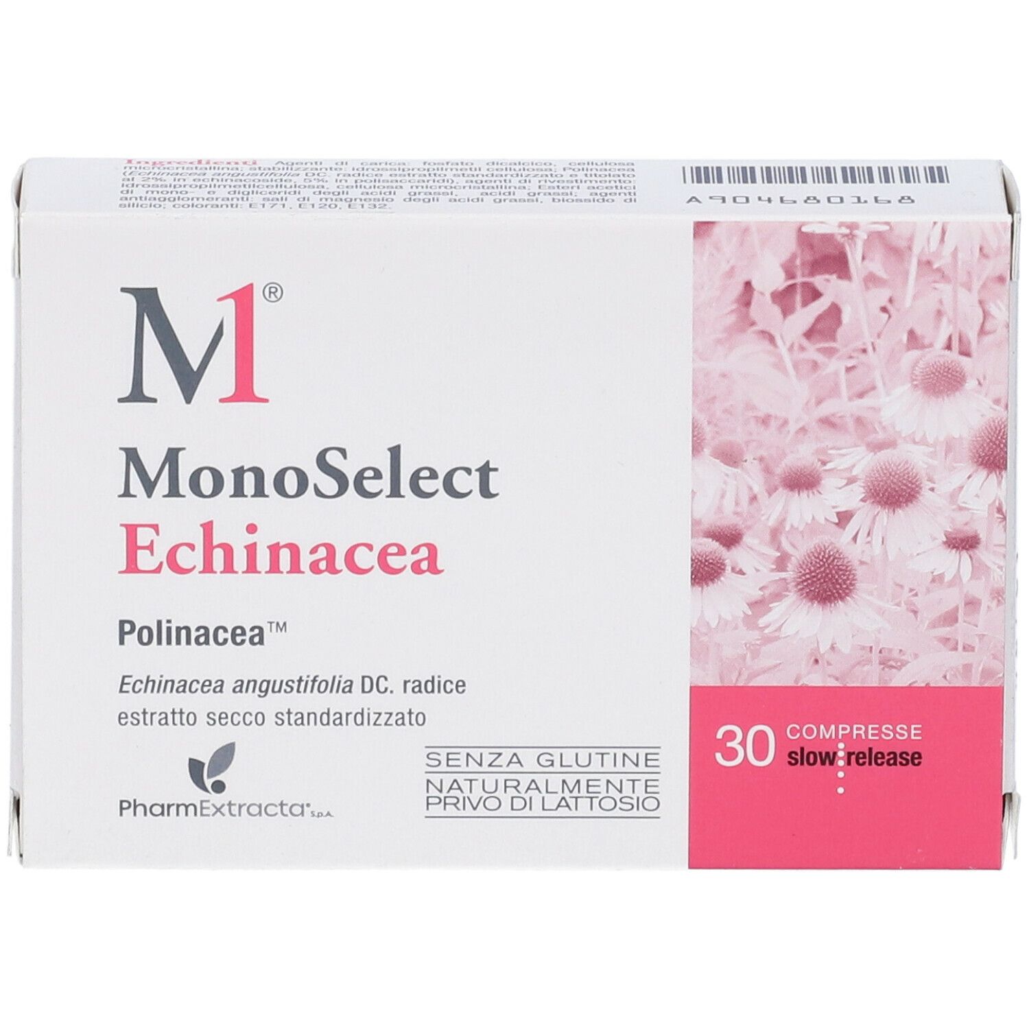 Scatola bianca con nome del prodotto e 30 compresse. Accento rosa con motivo floreale. Senza glutine, senza lattosio.