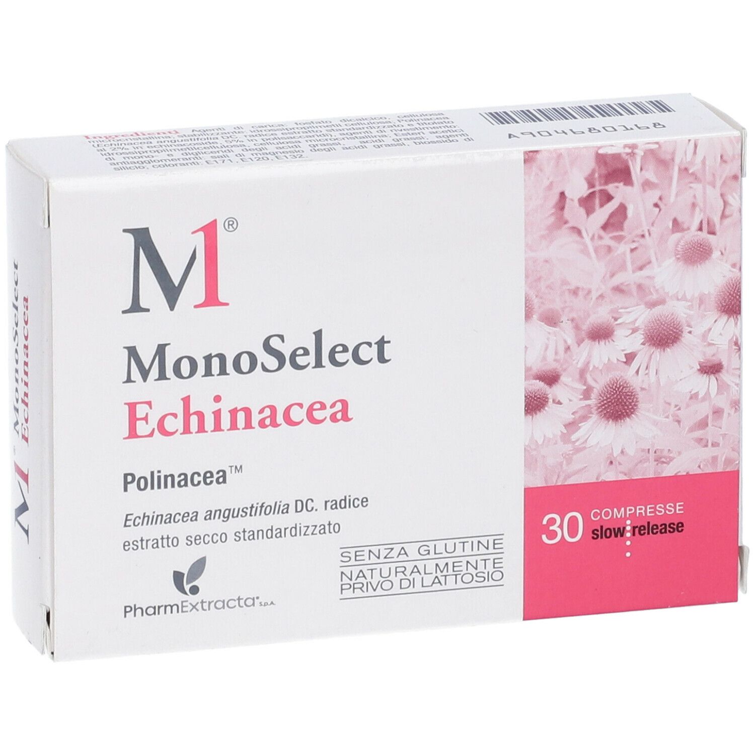 Scatola bianca con nome del prodotto e 30 compresse. Accento rosa con motivo floreale. Senza glutine, senza lattosio.