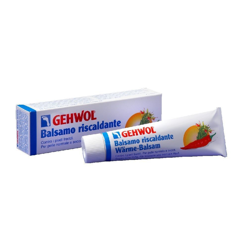 Tubo e scatola con stampa del prodotto. Scritta: GEHWOL Balsamo riscaldante. Illustrazione: peperoncino e arancia.