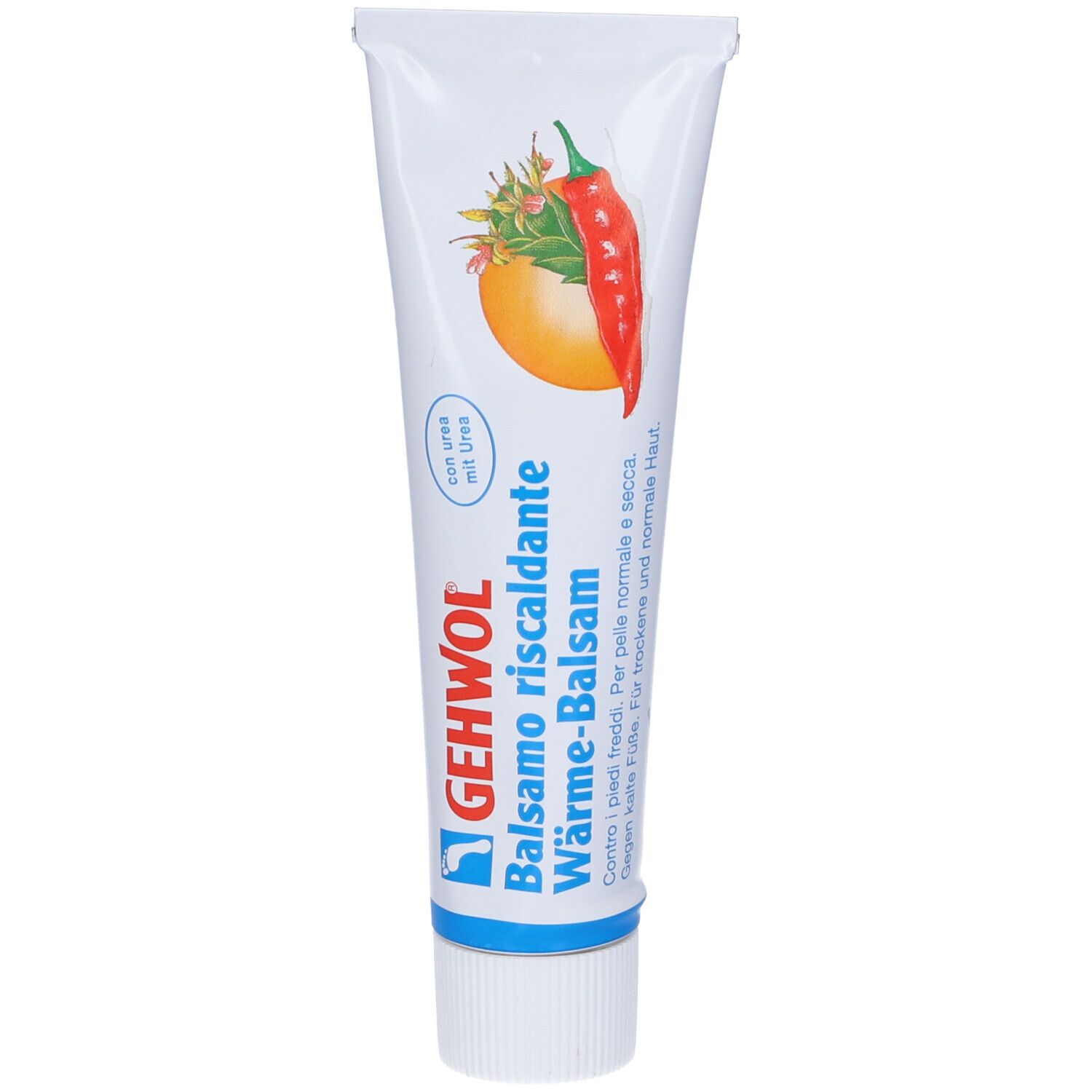 Tubo bianco con tappo blu. Scritta: GEHWOL Wärme-Balsam. Illustrazione: peperoncino e arancia.