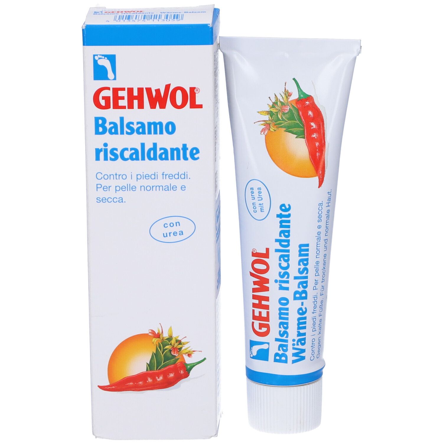 Confezione del prodotto e tubo. Scritta: GEHWOL Balsamo riscaldante. Illustrazione: peperoncino e arancia.