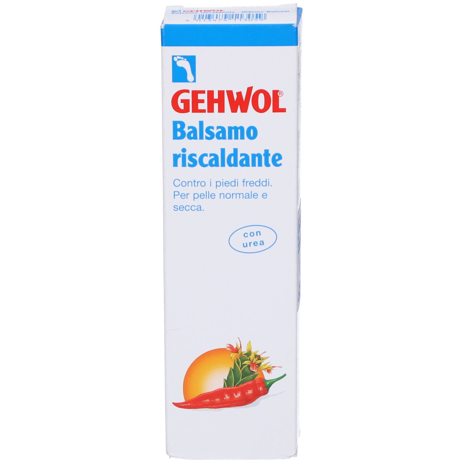 Confezione del prodotto. Scritta: GEHWOL Balsamo riscaldante. Illustrazione: peperoncino e arancia.