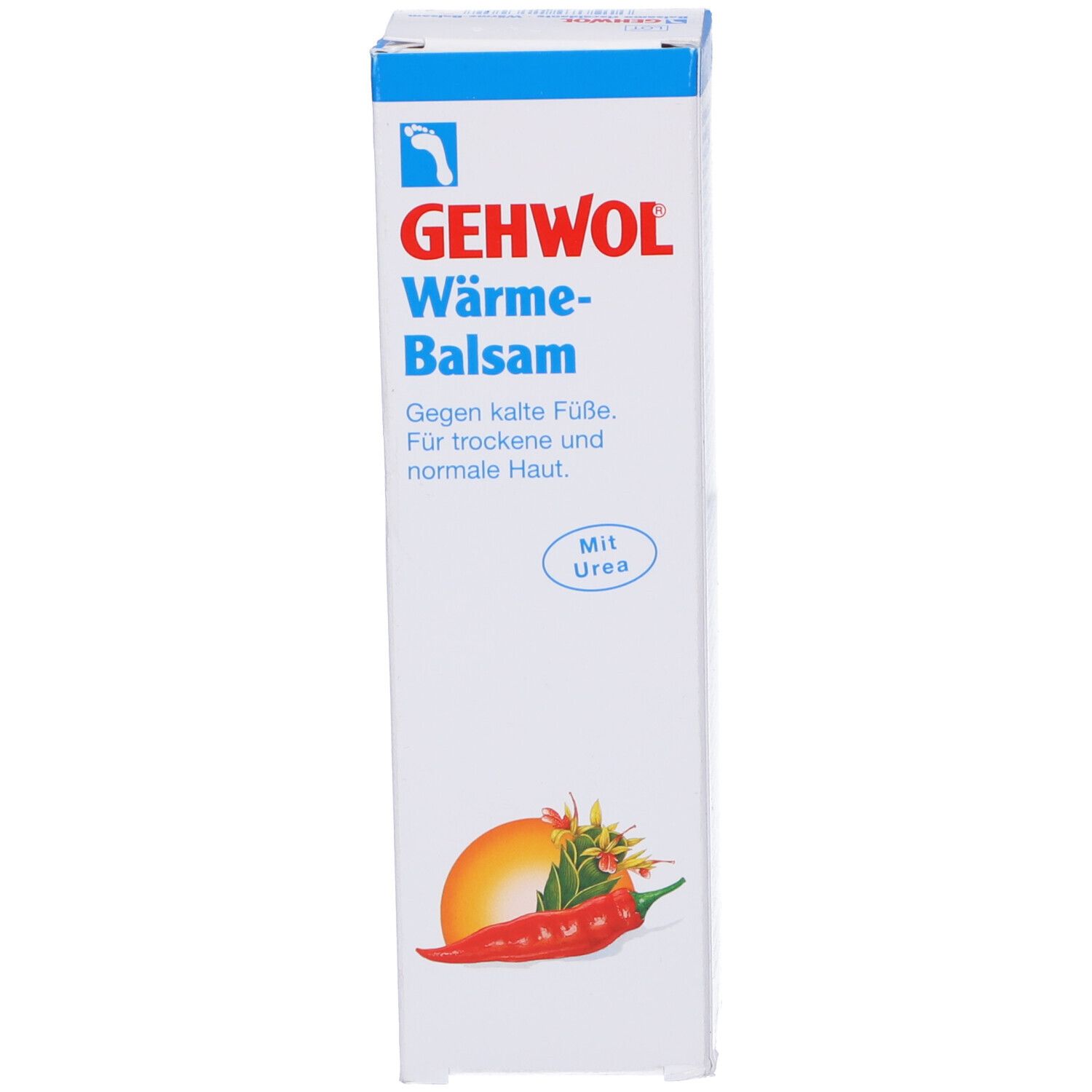 Confezione del prodotto. Scritta: GEHWOL Wärme-Balsam. Illustrazione: peperoncino e arancia.