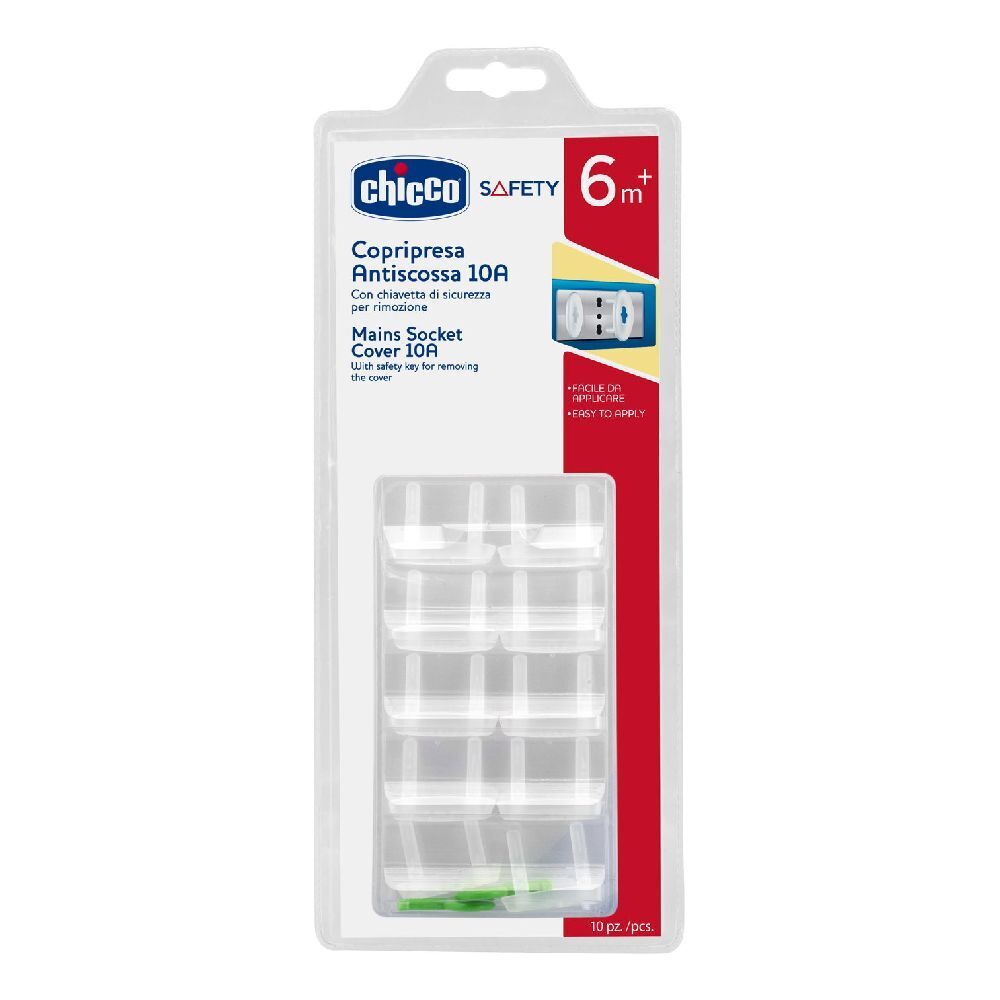 Chicco Copripresa 10A, 10 pezzi. Copriprese trasparenti in confezione. Con caratteristiche di sicurezza e indicazione di età 6+.