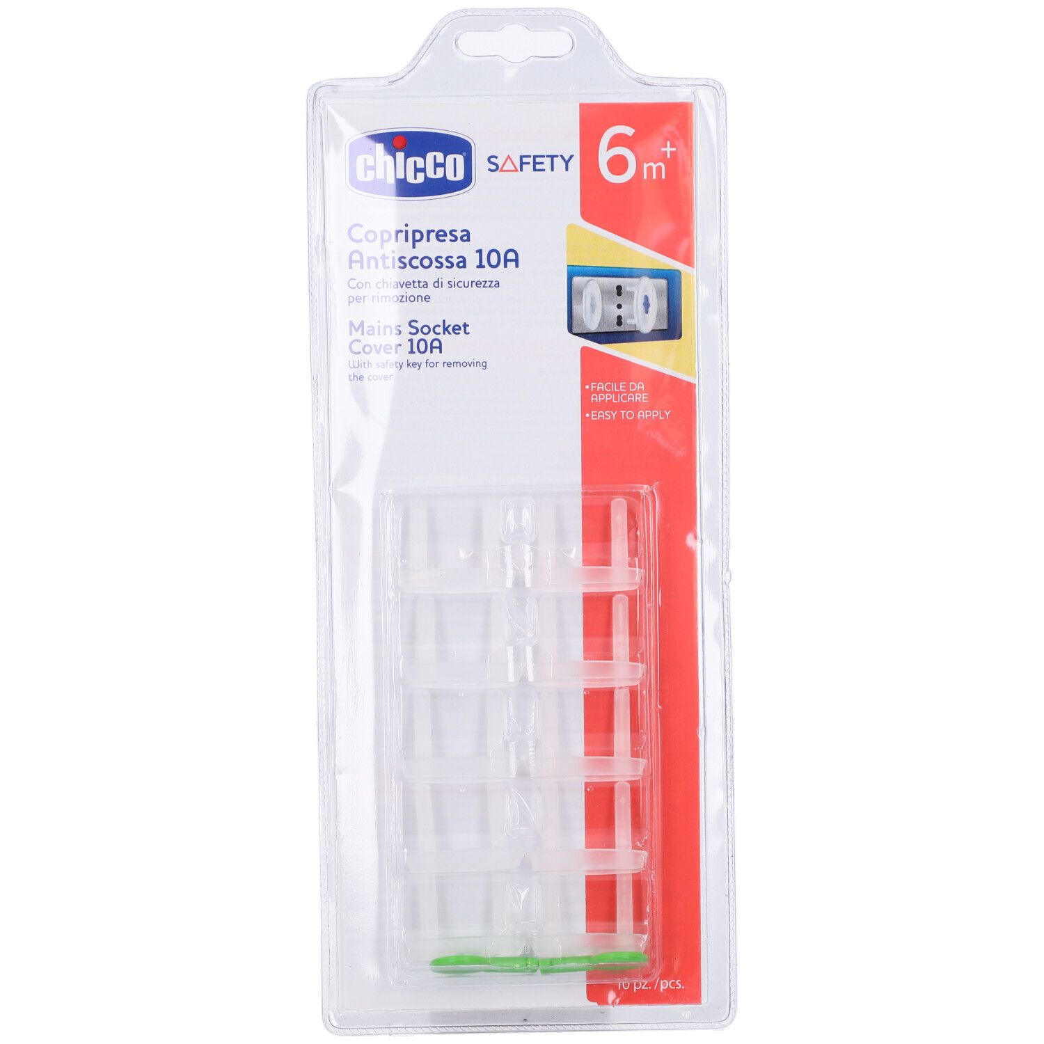 Chicco Copripresa 10A, parzialmente visibile. Copriprese trasparenti in confezione. Con caratteristiche di sicurezza e indicazione di età 6+.