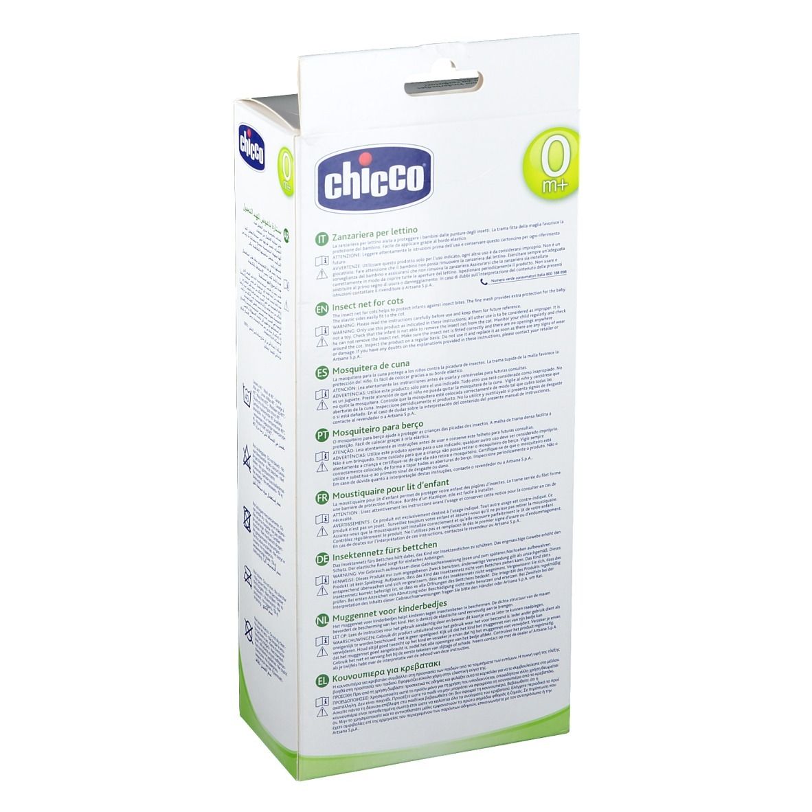 Confezione, vista posteriore. Marchio Chicco. Testo multilingue. Simboli di lavaggio e altri pittogrammi.
