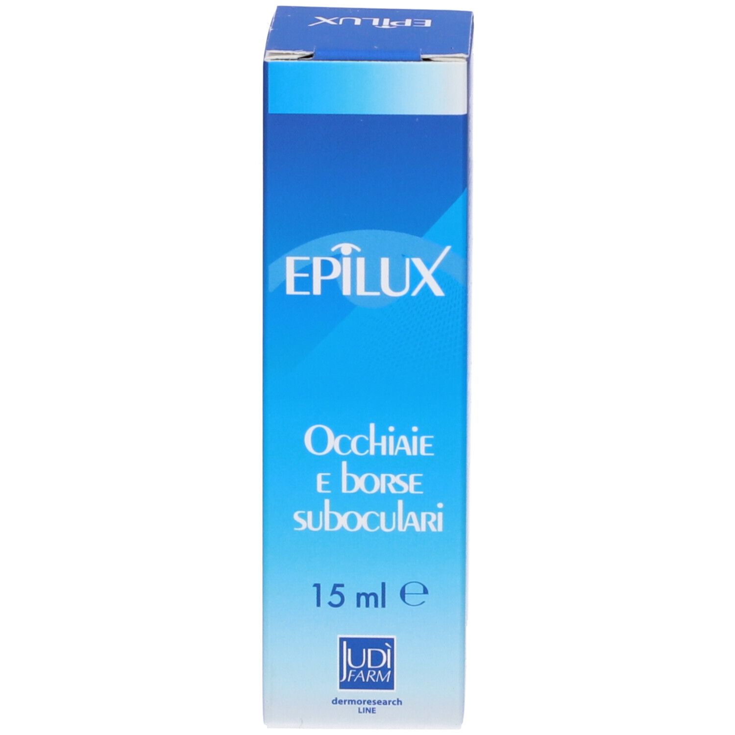 Scatola blu. Testo: Epilux, occhiaie e borse, 15 ml. Marchio Judi Farm.