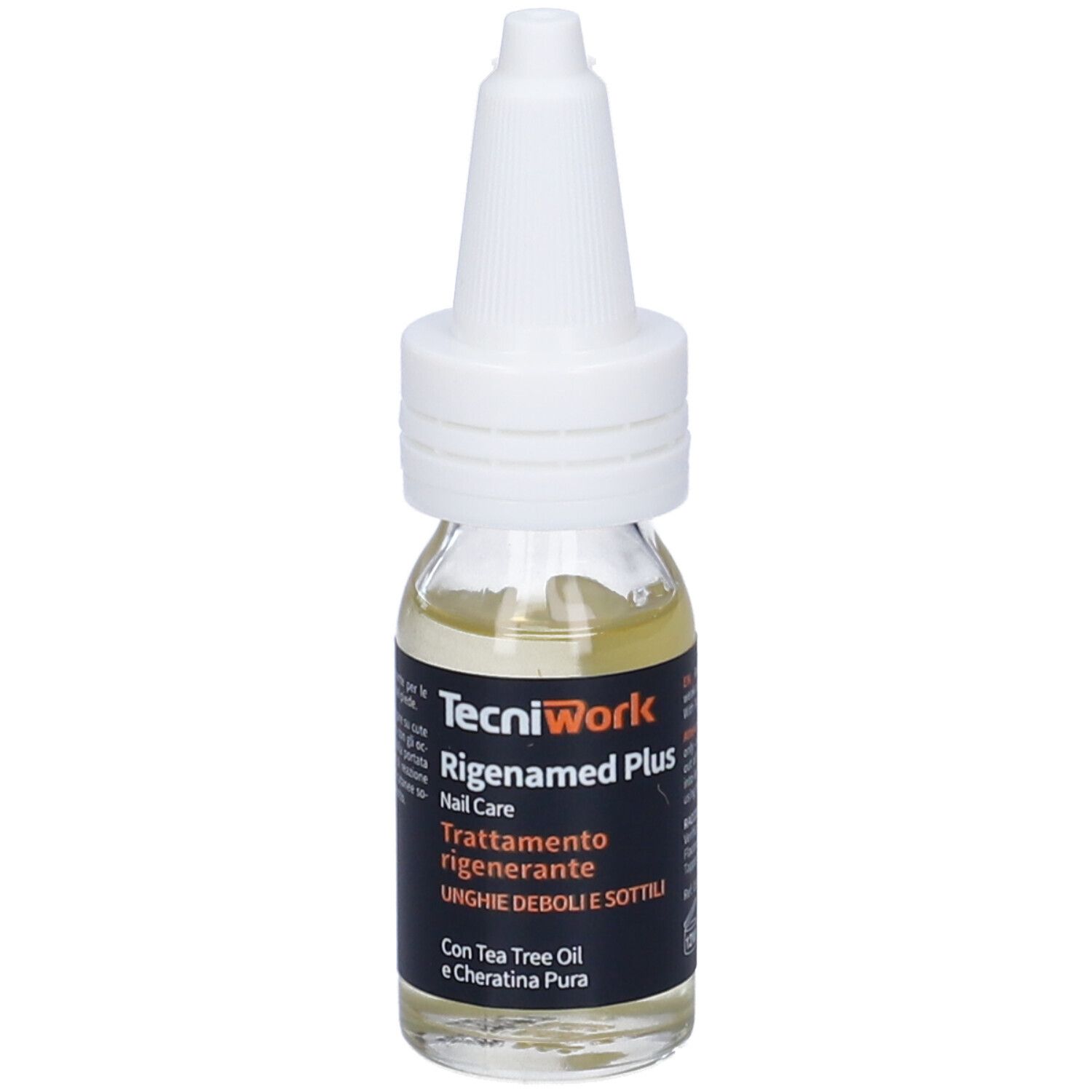 Piccolo flacone con tappo bianco. Scritta: "TecniWork Rigenamed Plus".